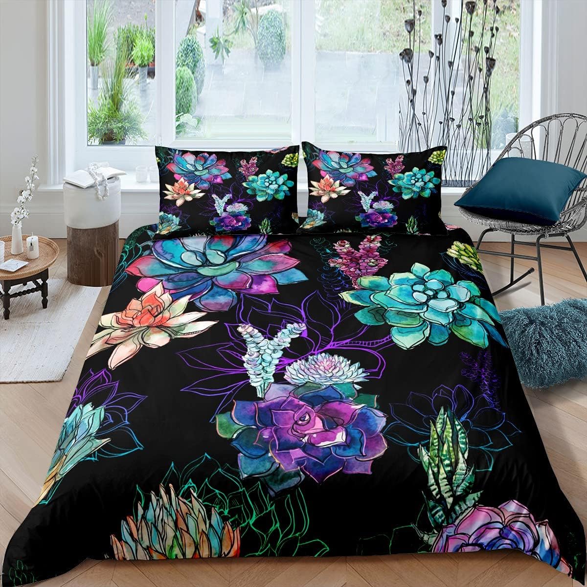 Erosebridal Succulents Bedding Set for Boys, Green Plant Duvet Cover, Tropical Botanical Comforter Cover, Watercolor Painting Stylish Nature Theme Quilt Cover for Bedroom Decor, Full Size Mu