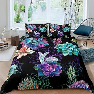 Erosebridal Succulents Bedding Set for Boys, Green Plant Duvet Cover, Tropical Botanical Comforter Cover, Watercolor Painting Stylish Nature Theme Quilt Cover for Bedroom Decor, Queen Size