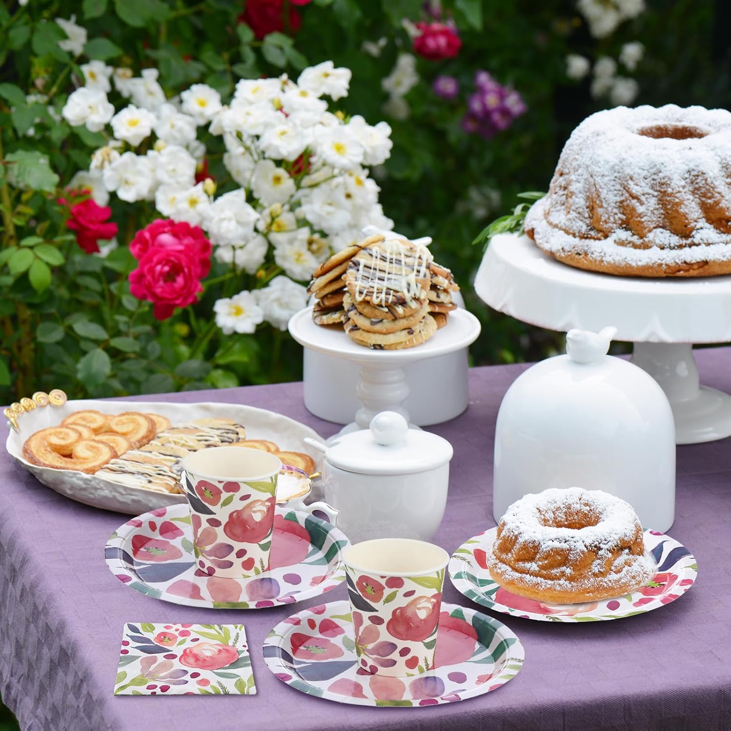 Bokon 168 Pcs Floral Party Supplies Watercolor Flower Paper Plates Napkins Disposable Cups Plastic Knives Spoons Forks Tableware Set for Wedding Bridal Shower Birthday Spring Party Decor Serves 25