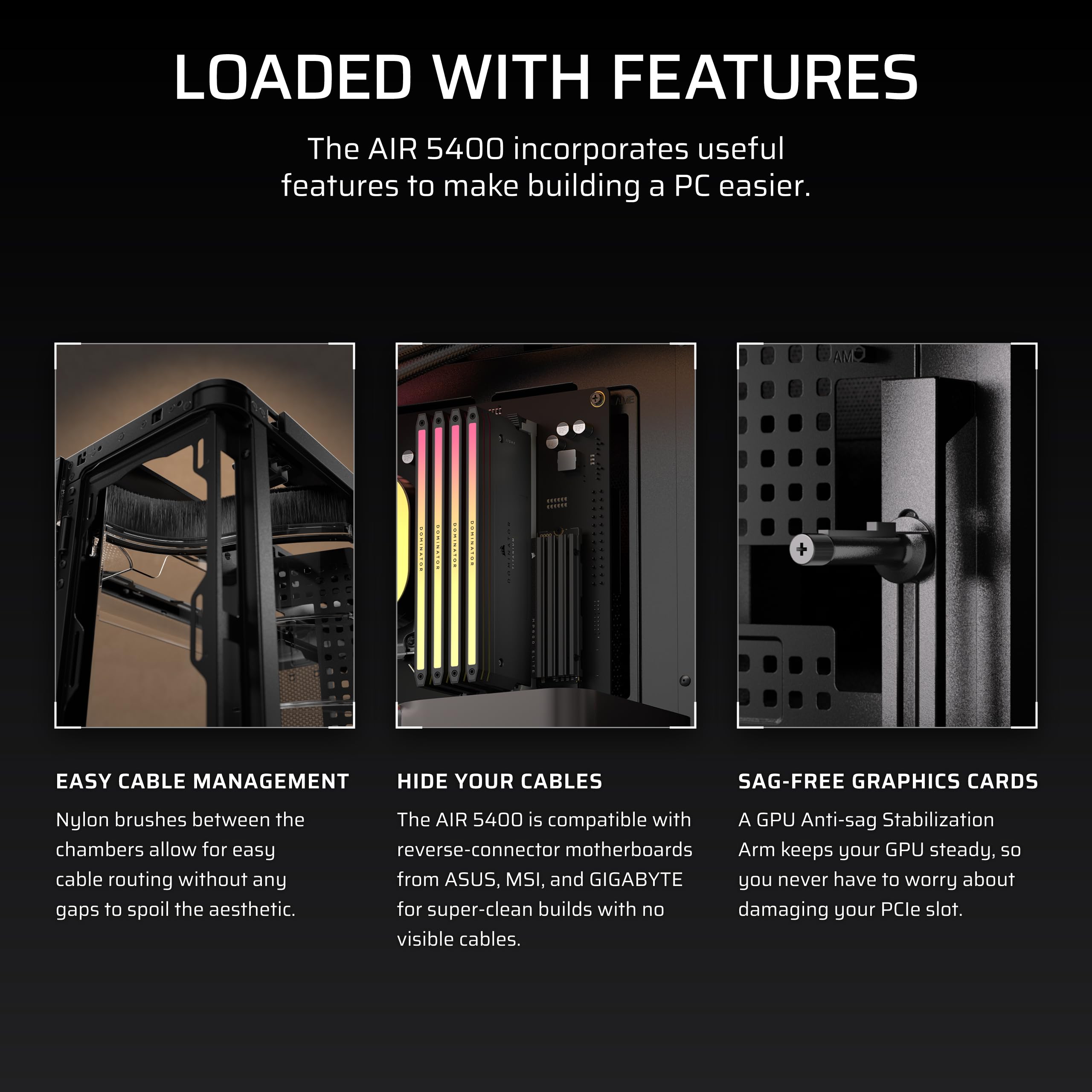 CORSAIR AIR 5400 LX-R RGB iCUE LINK trzykomorowa obudowa Mid-Tower Panoramiczna PC – 3 x wstępnie zainstalowane wentylatory LX-R RGB z odwróconym wirnikiem, niski poziom hałasu, kanały o wysokim