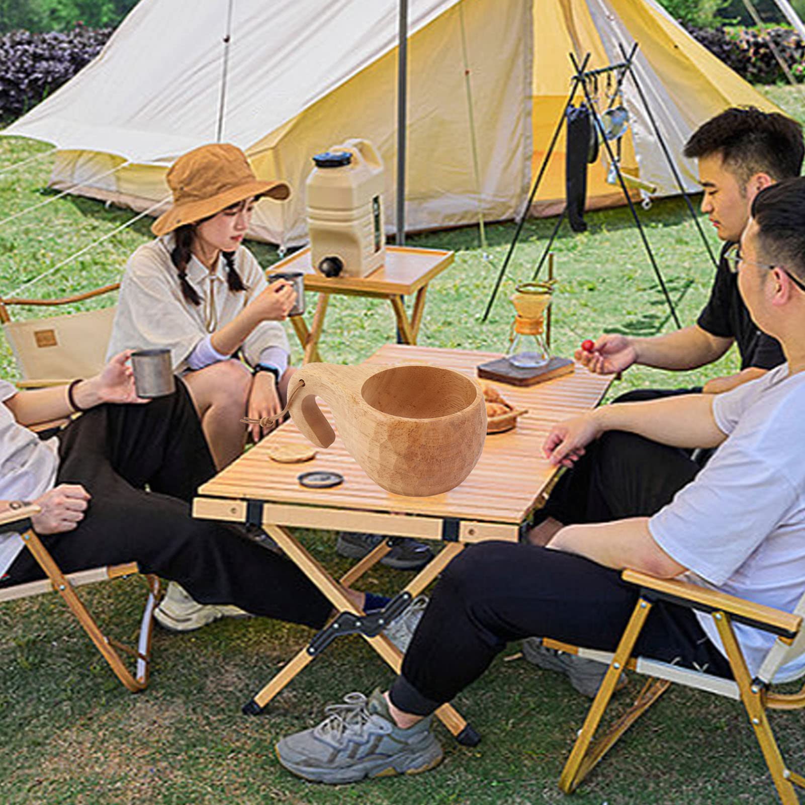 Wooden Coffee Mug Portable Drinking Cup Hand Polished Coffee Container Beer Water Cup with Handle Home Decor Viking Mug for Hiking Camping