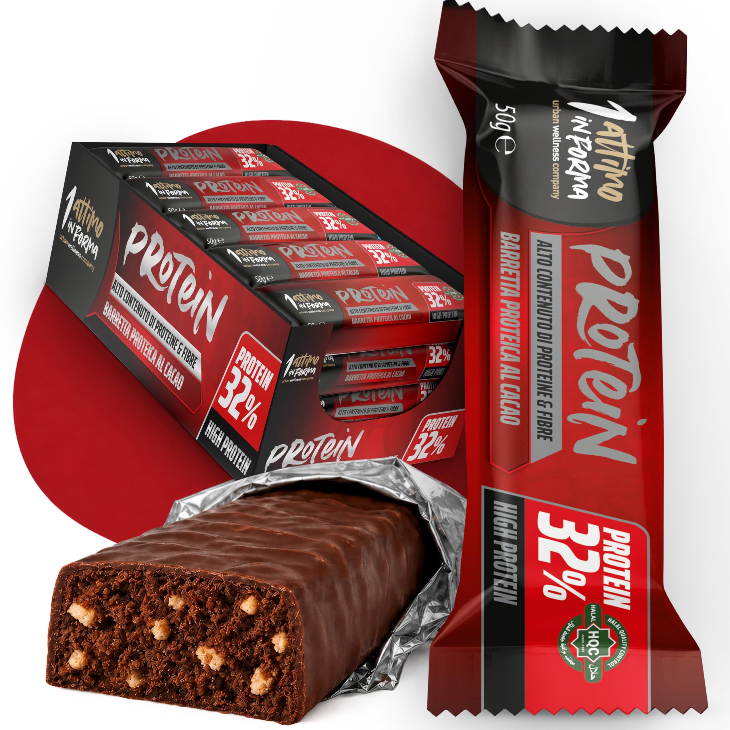 1 ATTIMO IN FORMA Barrette Proteiche 32% Protein Barretta Proteica set 24x50g con Crema di Cacao e Croccantini di Soia, Snack Proteico Fonte di Proteine e Fibre