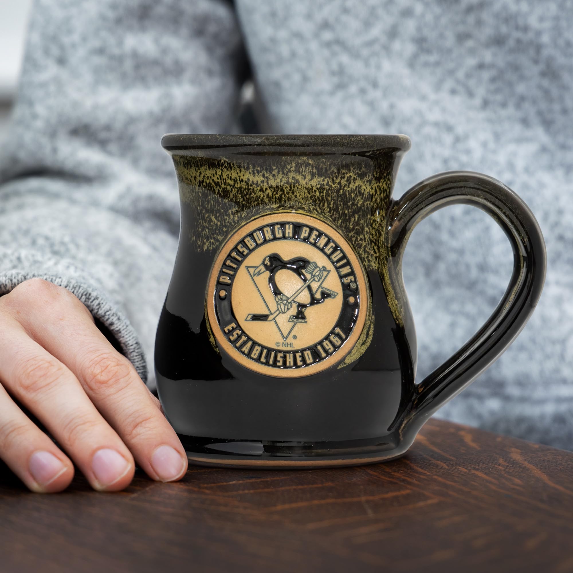 Greater Distance NHL Hockey Pittsburgh Penguins 14oz Two-Tone Tall Belly Mug, Handmade Large Ceramic Coffee Mug With Team Logo for True Fans, Premium Deneen Pottery Made in USA