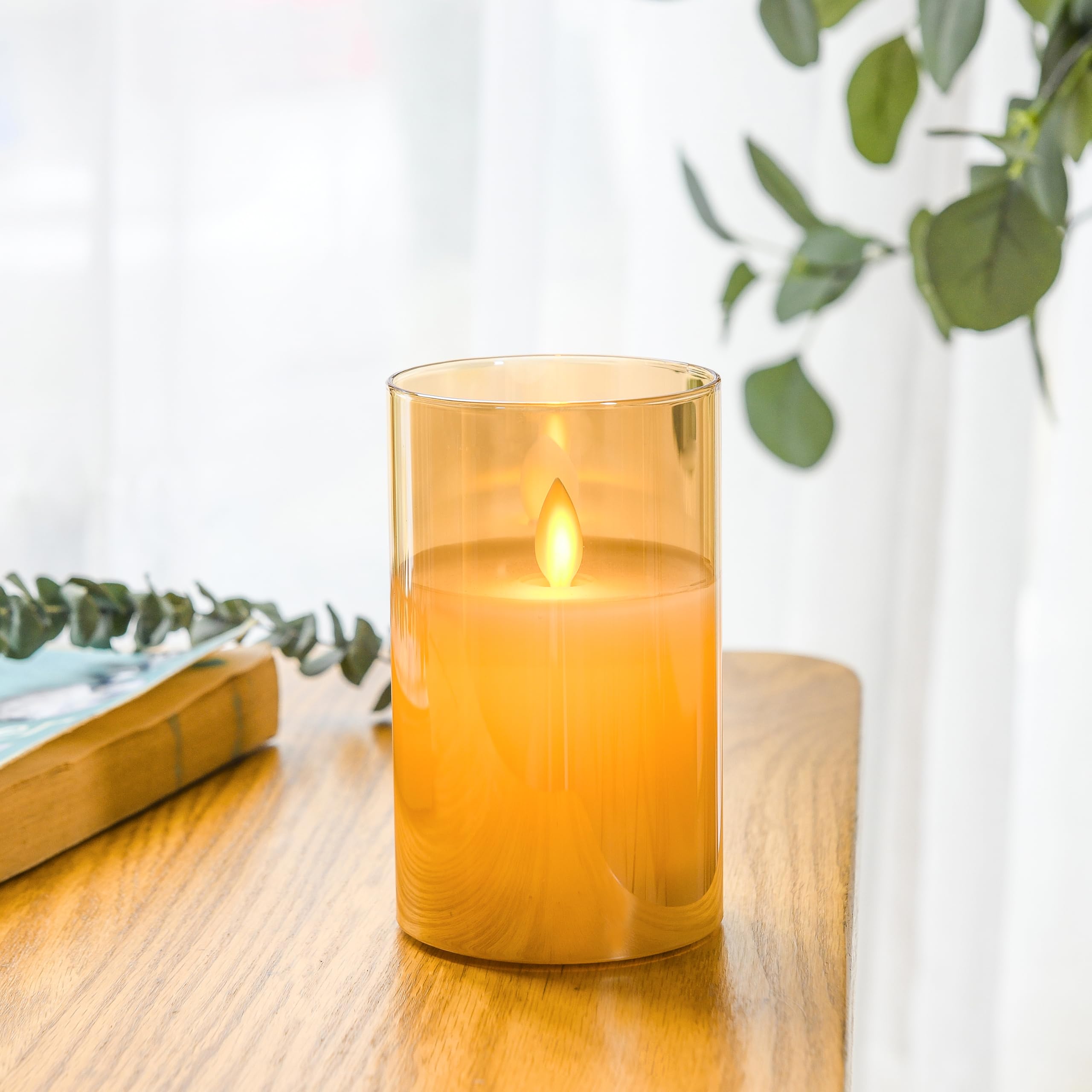 Candele LED Senza Fiamma Set di 3 Marrone, 4 5 6 Luci di Candele, Batteria Pilastri in Vetro Realistico Tremolio Tremolante Fiamma, Lanterne con Telecomando Timer 24 Ore Festa della mamma