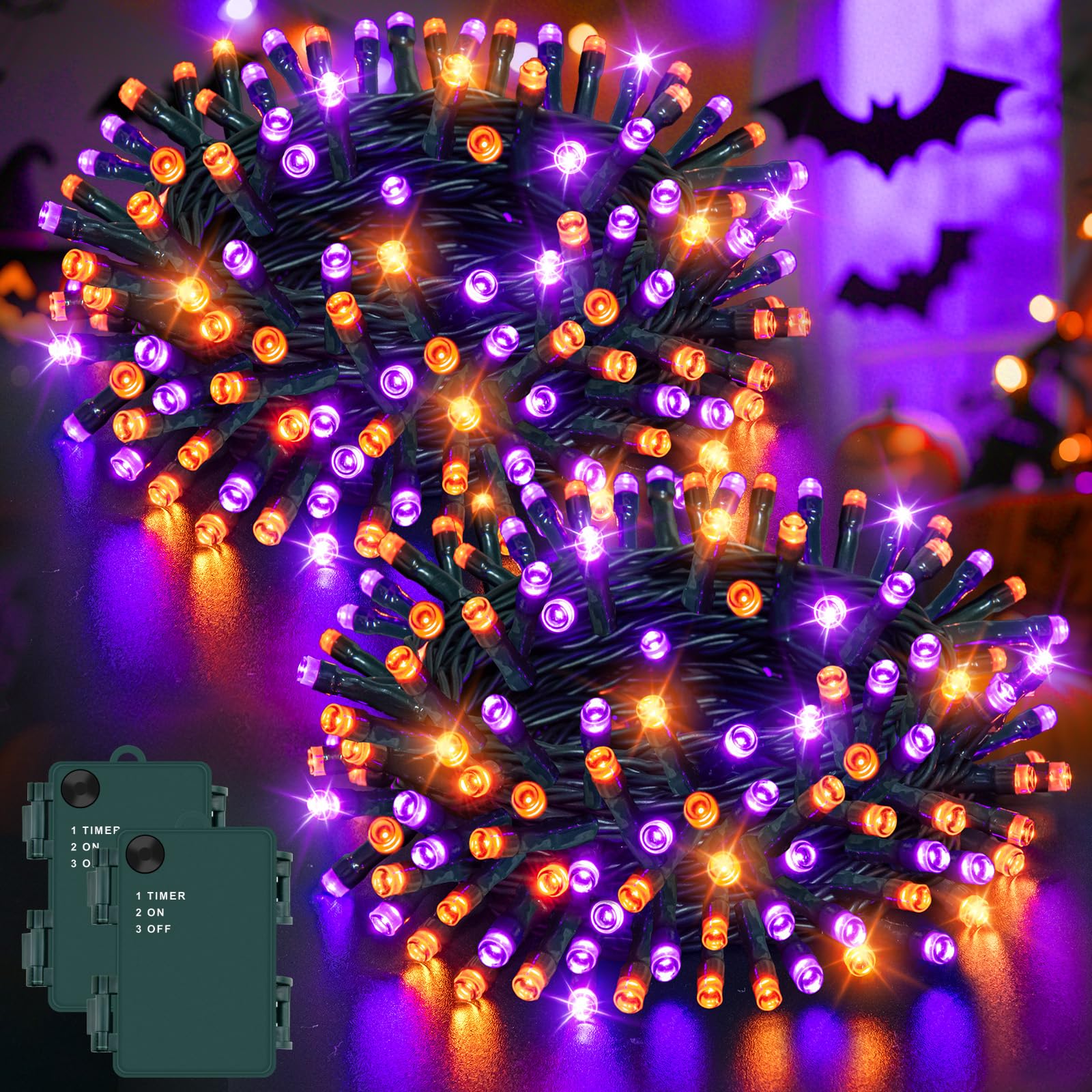 Dalugo Halloween Decoration Lights 2 Packs, 5M 50 LED Orange Purple Fairy Lights with Timer,IP65 Waterproof Battery Operated Lights for Indoor Outdoor Decorations