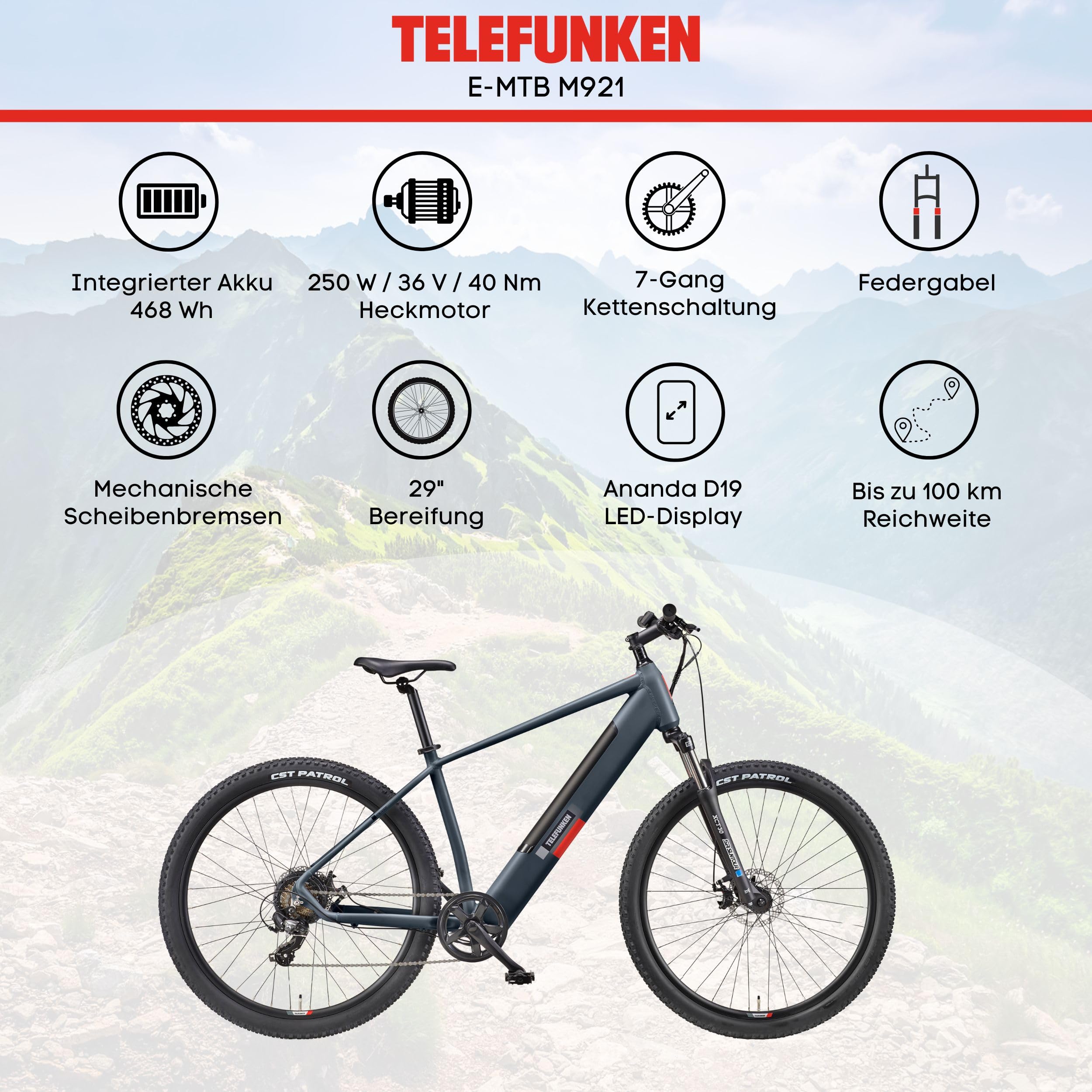 TELEFUNKEN E-Bike Mountainbike 29 Zoll für Herren und Damen | Elektrofahrrad mit 250W Hinterradmotor & 468 Wh Akku | 7-Gang Kettenschaltung | Scheibenbremsen | MTB Hardtail Pedelec