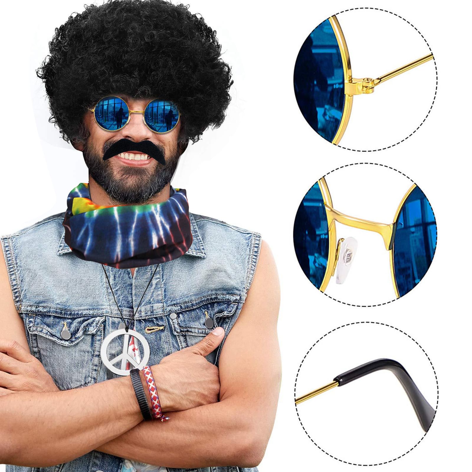 JSTHHTT Hippie Costume Set, Hippie Costume Accessories, Hippie Wig Set, Hippie Wig Sunglasses, Peace Sign Necklace, Moustache - Image 3
