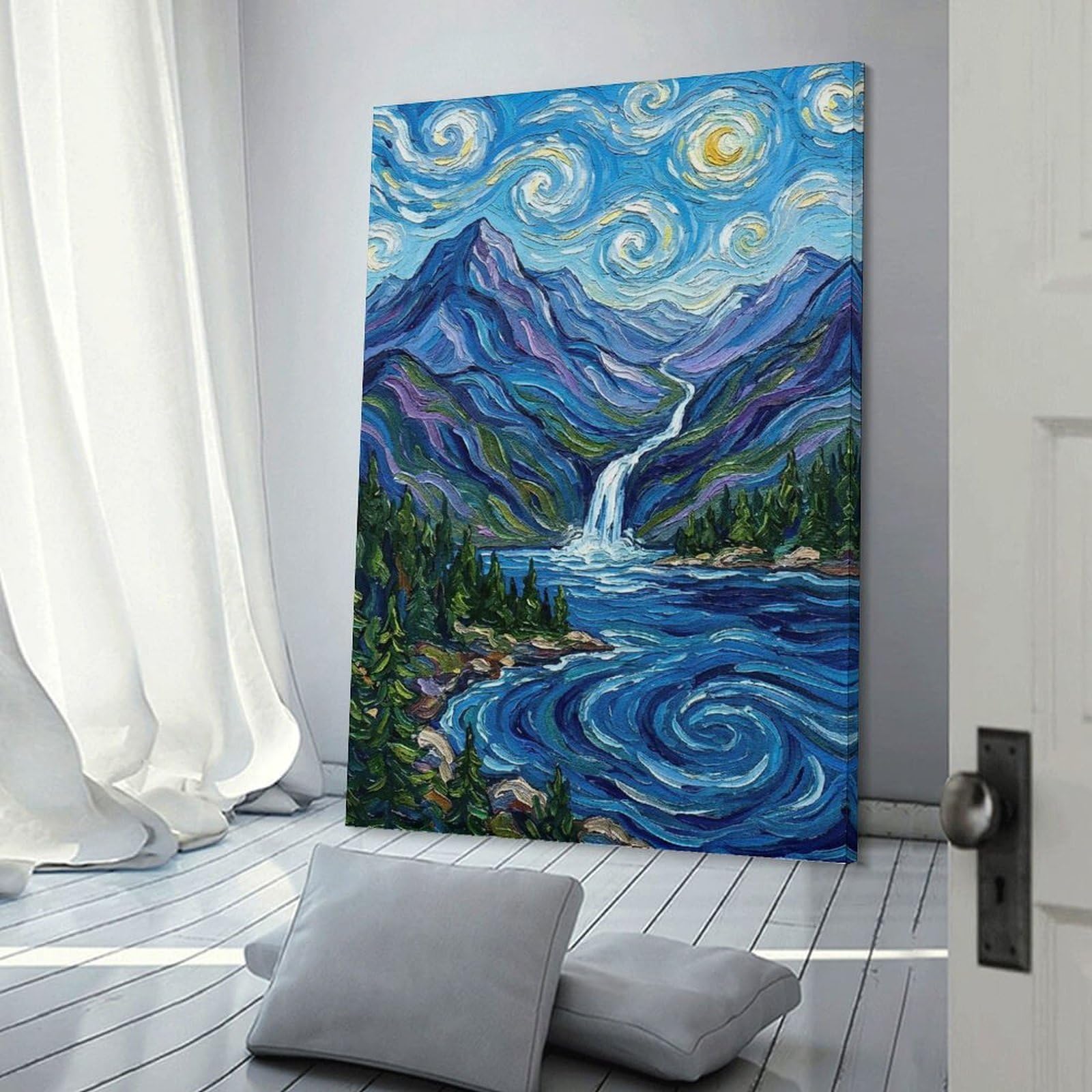 Junmoney Mountain Waterfall Landscape Painting Decorative Wall Artwork 08x12inch(20x30cm), for Home Lounge, Bedroom Or Reading Nook, Easy Decor for Gallery Walls