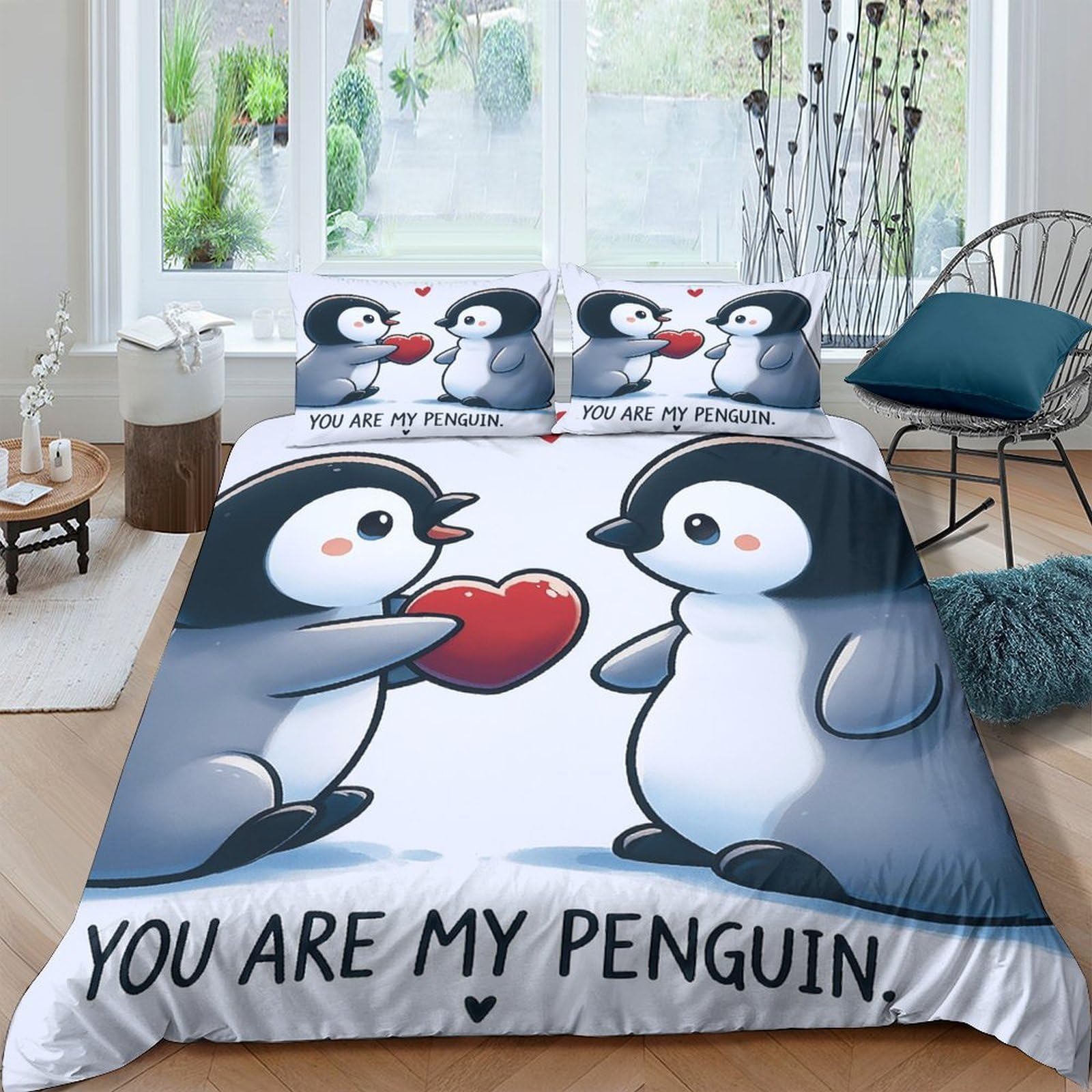 Ctjqhvkz Style-4 3D Printed Cute Penguin Fitted Sheet Microfiber Soft Anti-Slip Heart Cartoon Bed Cover For Bedroom Guest Room Decor Single（135X200cm）