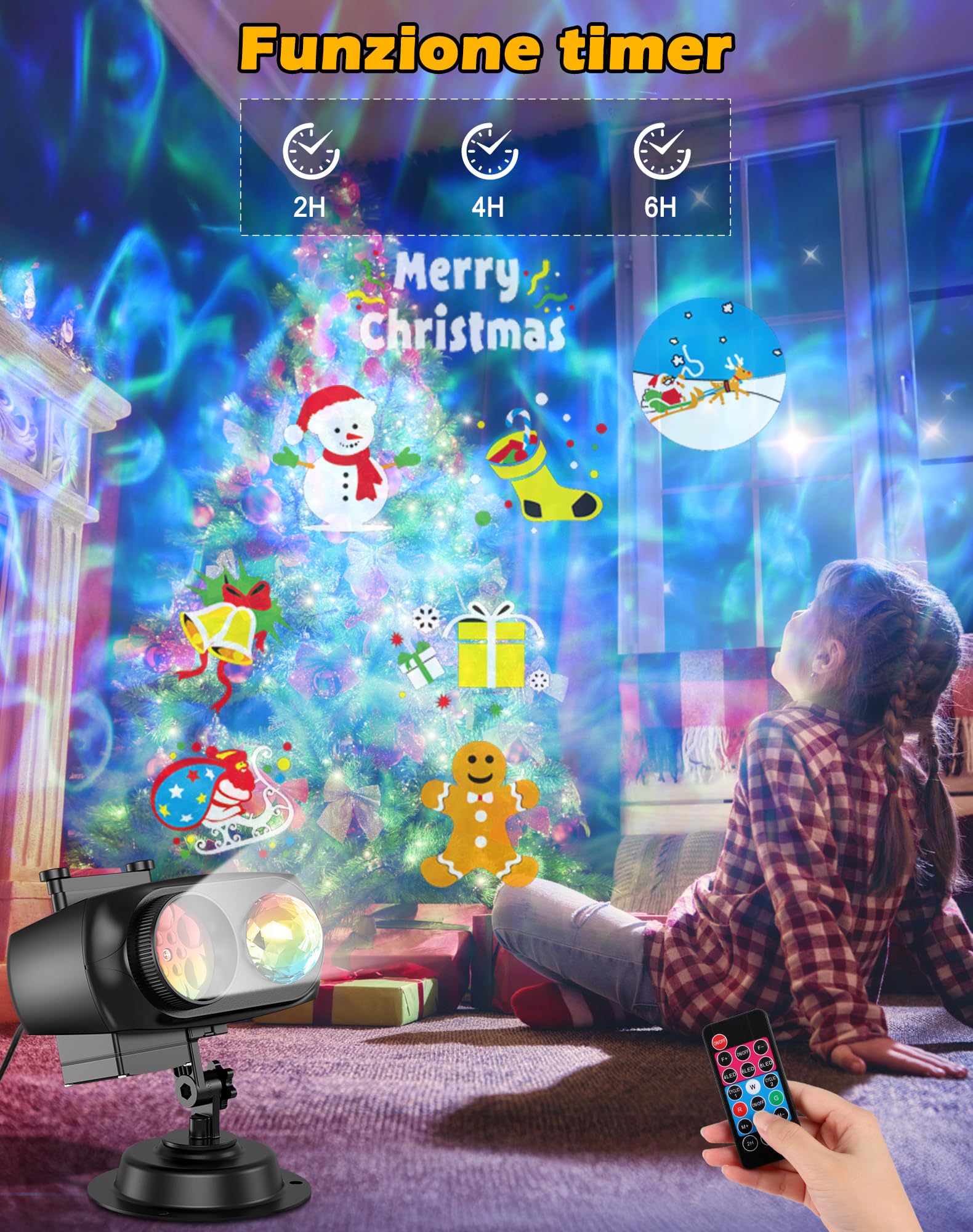 Proiettore Natale Esterno, Proiettore Luci Halloween Natale Esterno con 12 Diapositive Modelli, Telecomando e Timer, Impermeabile Luci Natale Esterno per Interno Halloween Decorazioni