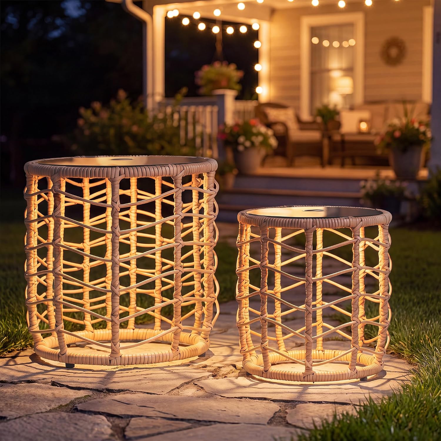 PROHIKER Solar Nesting Tables with Built-in Lights Set of 2, Outdoor PE Rattan Side End Table, Coated Steel Frame, 250lbs Capacity, All Weather for Patio, Porch, Garden, Balcony, Indoor