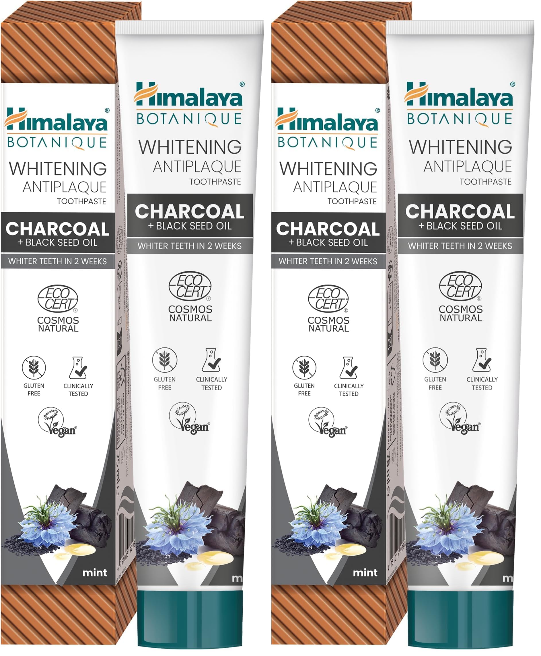 Himalaya Botanique Beyazlatıcı Plak Karşıtı Diş Macunu 75 ml | Ecocert Cosmos Sertifikalı | Organik Aktif, Kömür, Çörek Otu Yağı | Florür ve Gluten İçermez (2 paketi)