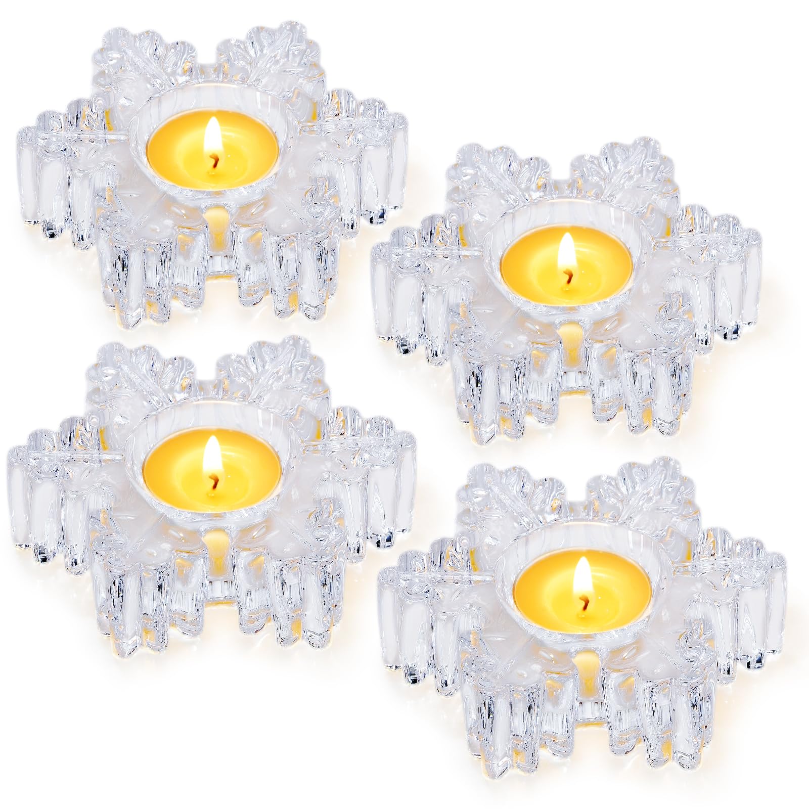 Lot de 4 photophores en verre transparent en forme de flocon de neige pour décoration de table, centre de table de mariage d'hiver, fournitures de fête de Noël