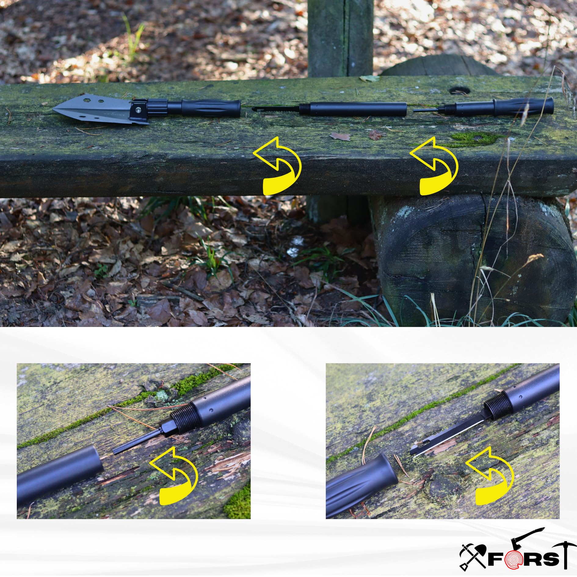 Xforst Multifunktionaler Klappspaten für Camping und Survival – Karbon-Stahl Schaufel mit 3 Längen Kombi, Survival-Säge, Feuerstein, Pfeife und Tasche – Offroad Zubehör