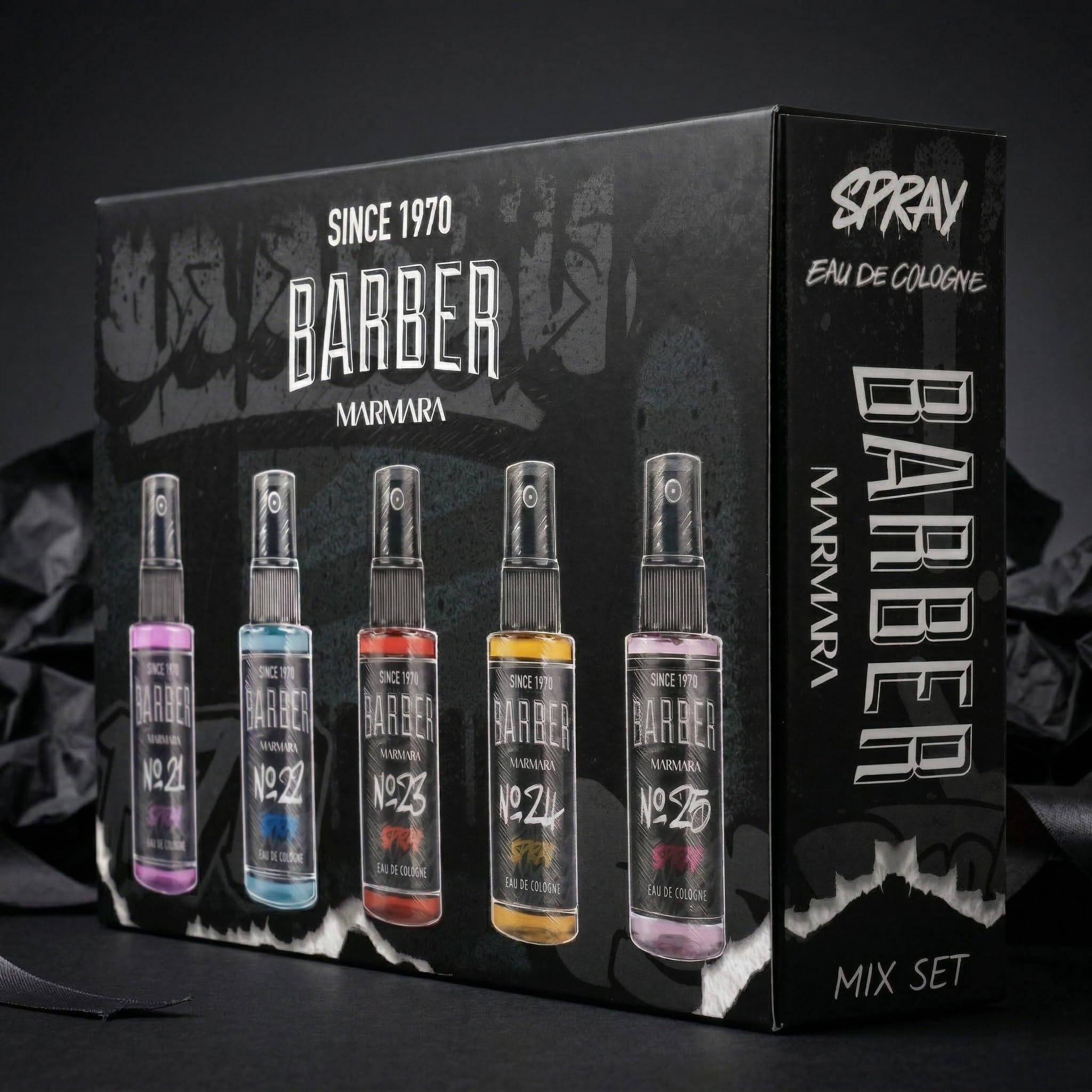 Barber Marmara Graffiti Mix Eau de Cologne Gift Set for Men 5 x 50ml | Mini Turkish Barbershop Aftershave Sprays with Fresh Woody Citrus Scents. Long Lasting Travel Size Fragrances.