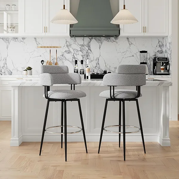 AILUNWALL Swivel Bar Stools Set of 2, Counter Height Bar Stools with Ergonomic Full Back, Upholstered Linen Fabric Barstools with Chrome Metal Footrest for Kitchen Island, Dining Room
