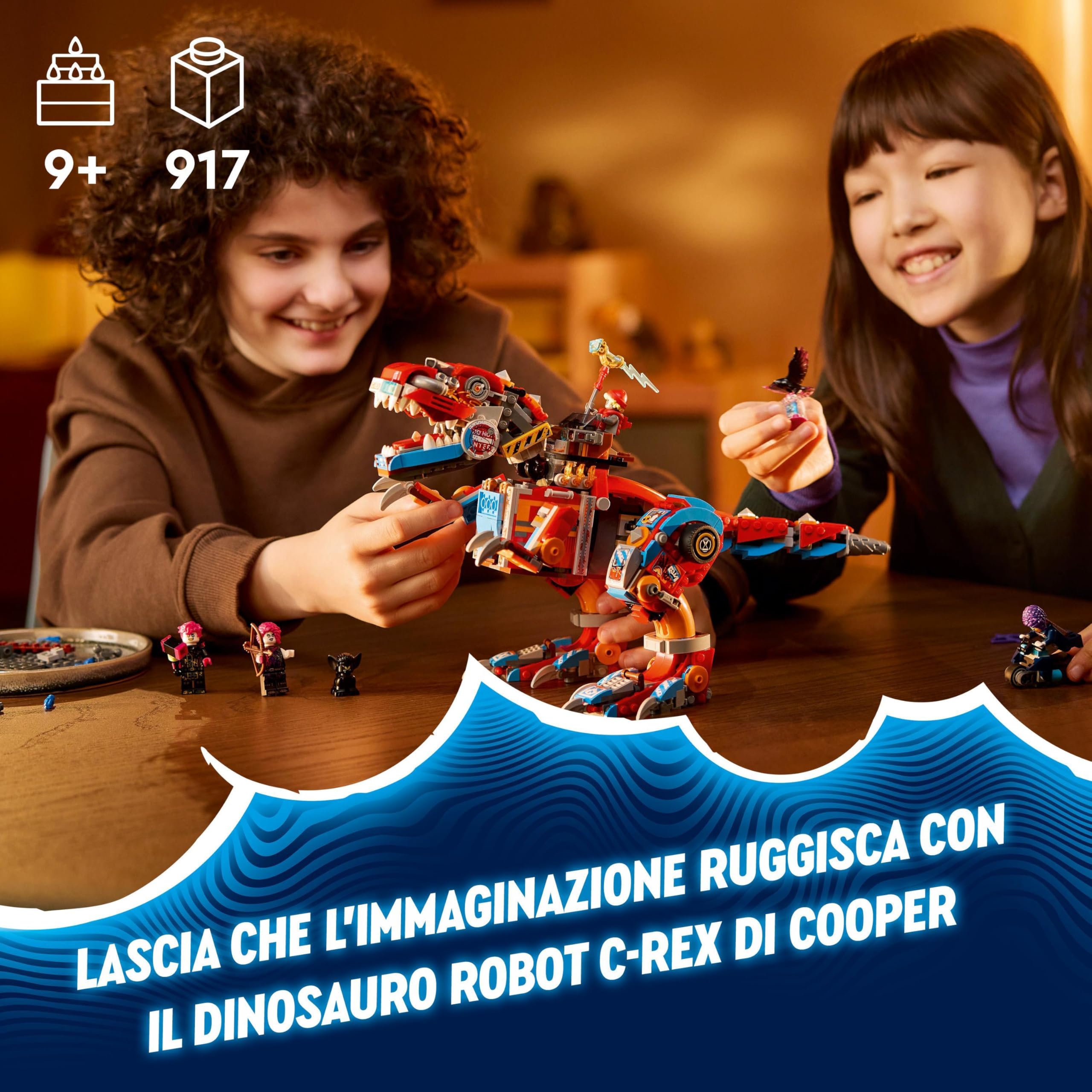 LEGO DREAMZzz 2 in 1 Dinosauro Robot C-Rex di Cooper, Action Figure di T.Rex Giocattolo Trasformabile in Pterodattilo con Parti Snodabili e 4 Minifigure, Giochi Creativi per Bambini e Bambine 71484