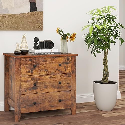 Miniatura 10 de LOKO Cómoda de madera de 3 cajones, cómoda con pomos redondos de metal, sofá junto a la mesa, mesita de noche, cómoda moderna de mediados de siglo