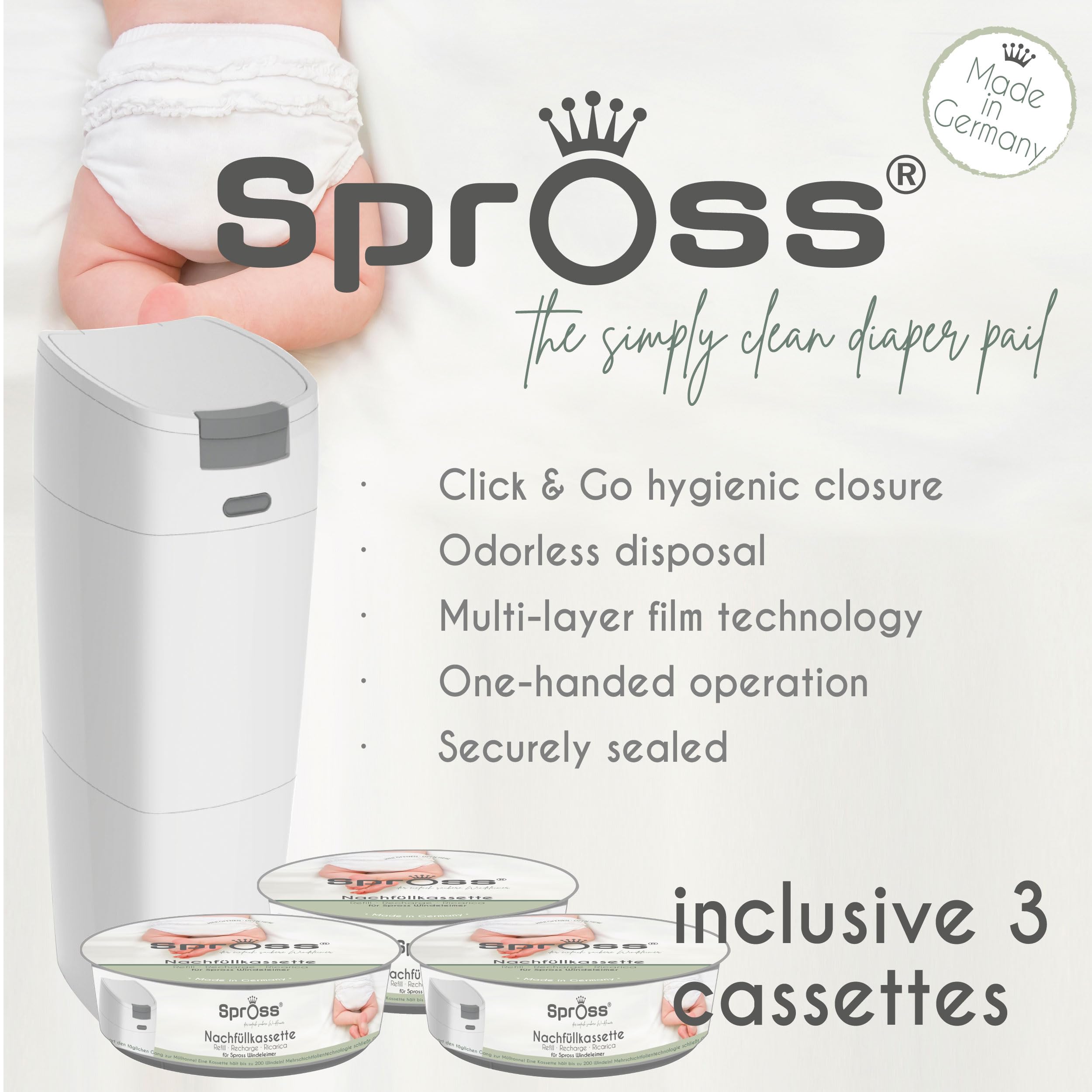 Poubelle à couches Spross® incl. 3 recharges, seau hermétique aux odeurs avec fermeture hygiénique