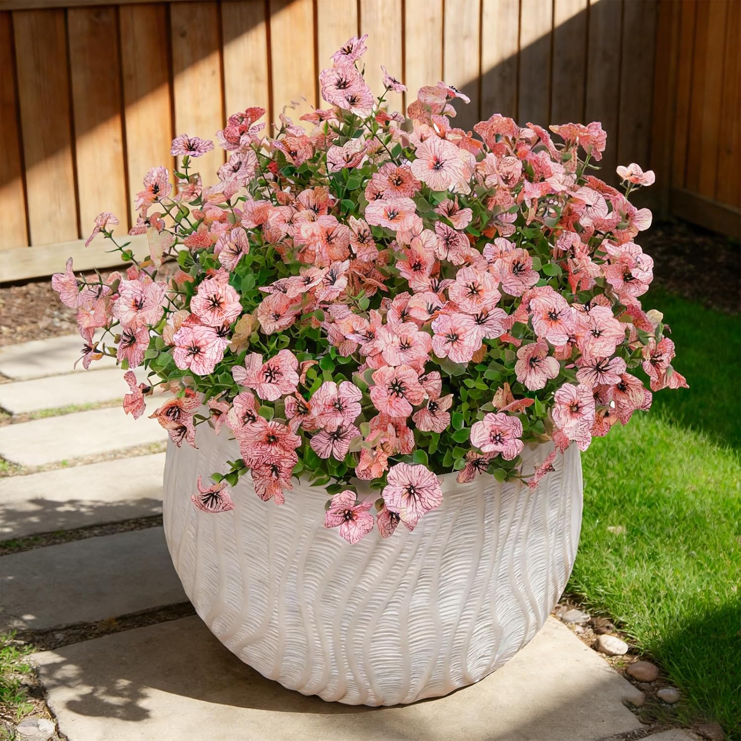 SwanMoon Artificial Flowers for Outdoors - UV Resistant Fake Silk Daisy Flowers with Eucalyptus Leaves, Faux Plastic Plants for Porch, Patio, Garden, Window Box & Home Decor, 12 Bundles