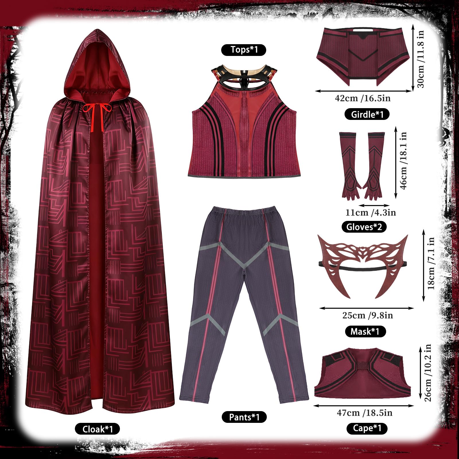 SINSEN Damen Wanda Maximoff Kostüm Scarlet Witch Cosplay Hose Anzug Umhang Outfit Kopfbedeckung für Halloween und Party