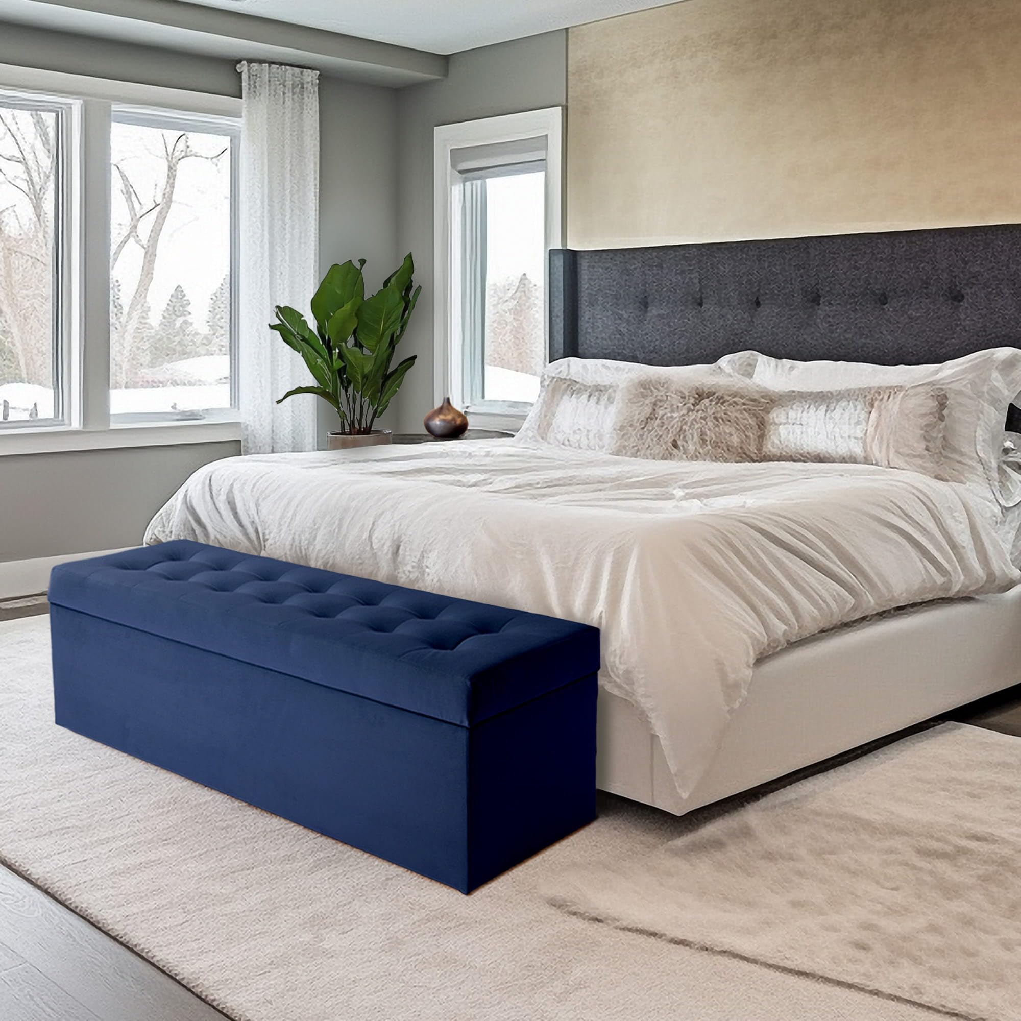 MG Design Pouf Coffre 45 × 120 cm Marineblau – Rangement 140 L, Charge 300 kg, Surface Douce avec léger reflet, Entretien Facile – pour Salon, Chambre, entrée