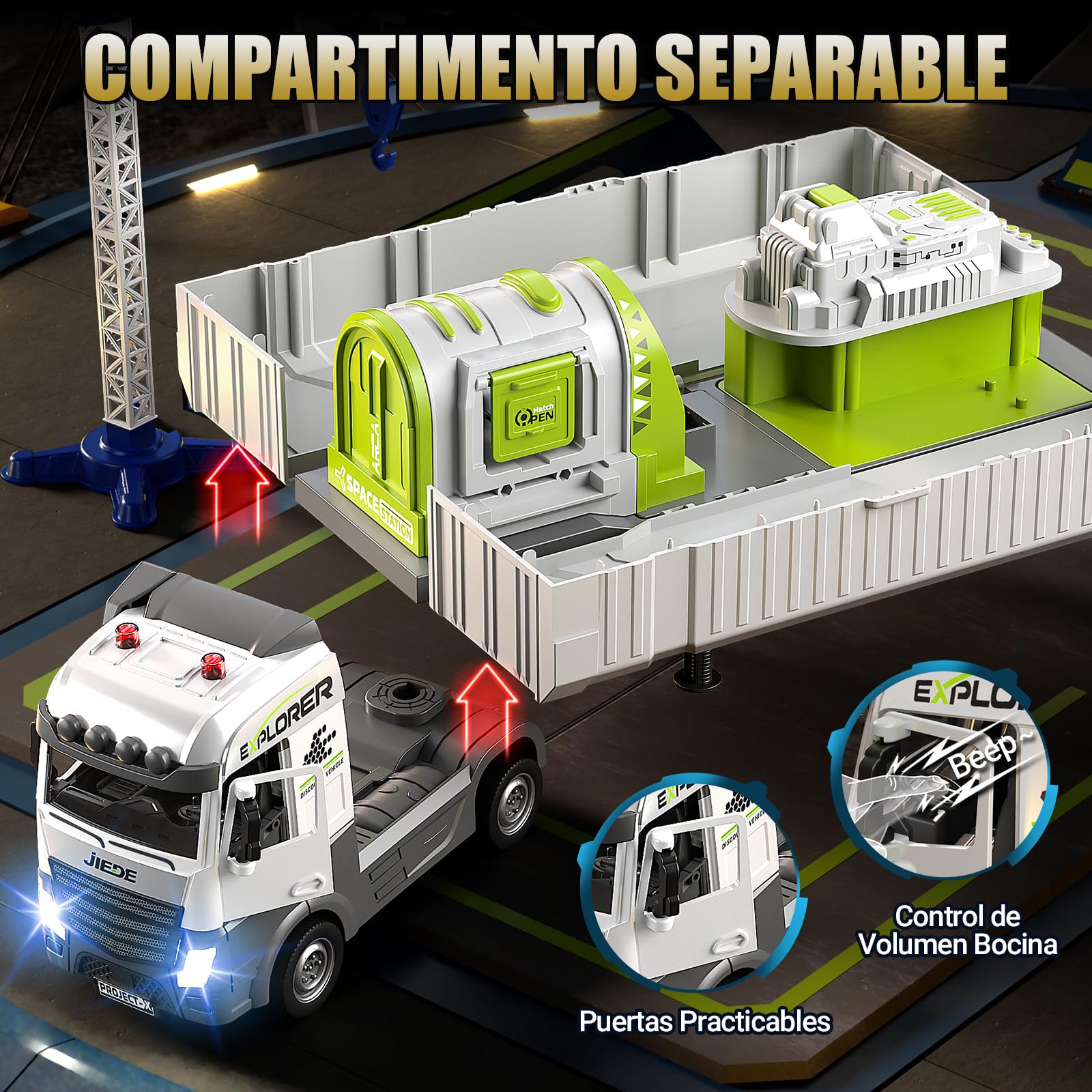 JONRRYIN Construcción Camión Niños, Vehículos Transportador Juguete con Pista de Coches, Grúa, Eyección Pista y 12 Mini Camións, Camión de Aleación Grande Regalo para Niños 3+ Años