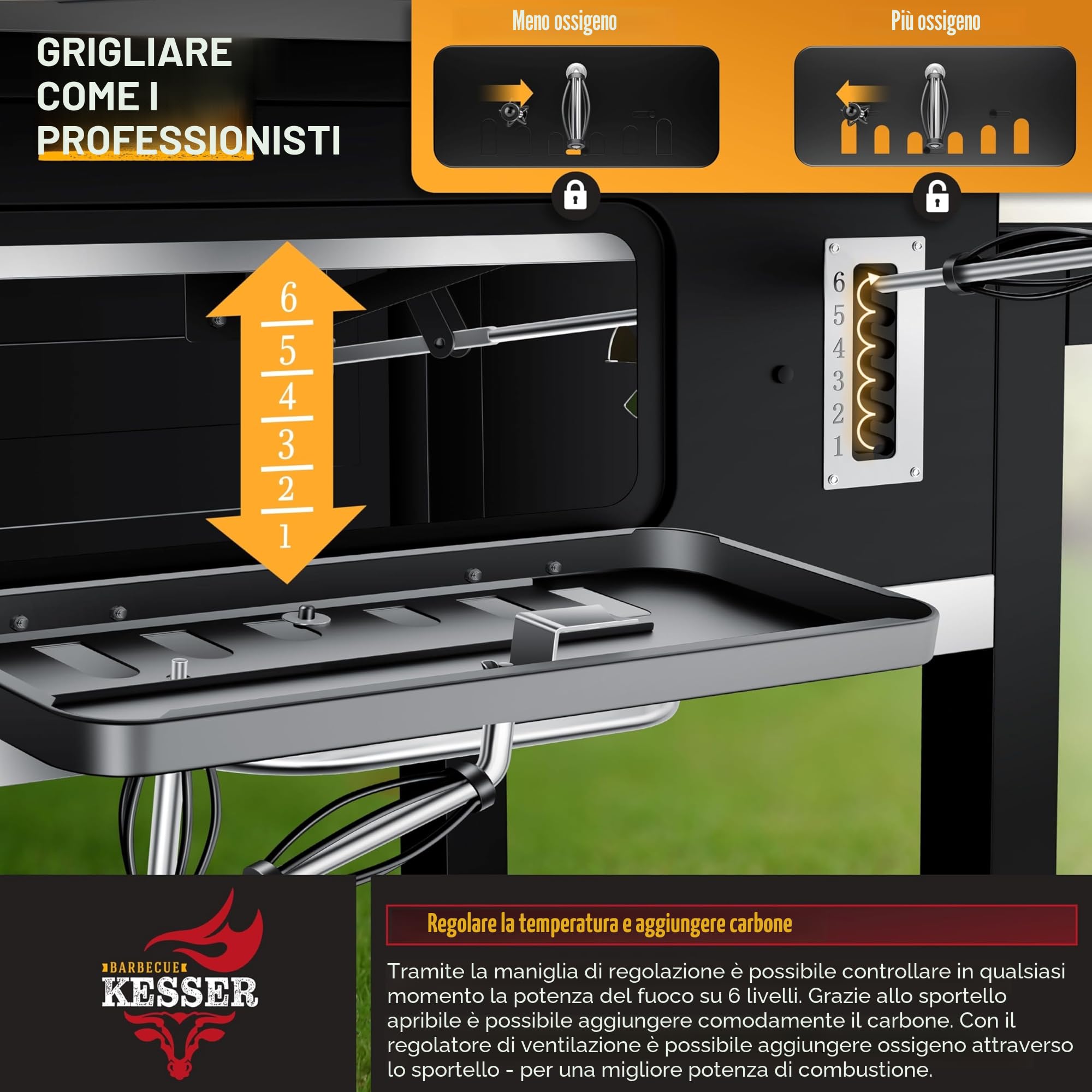 KESSER® Barbecue a carbonella XXL con Carrello, Coperchio, Acciaio Inox, Griglia e Termometro