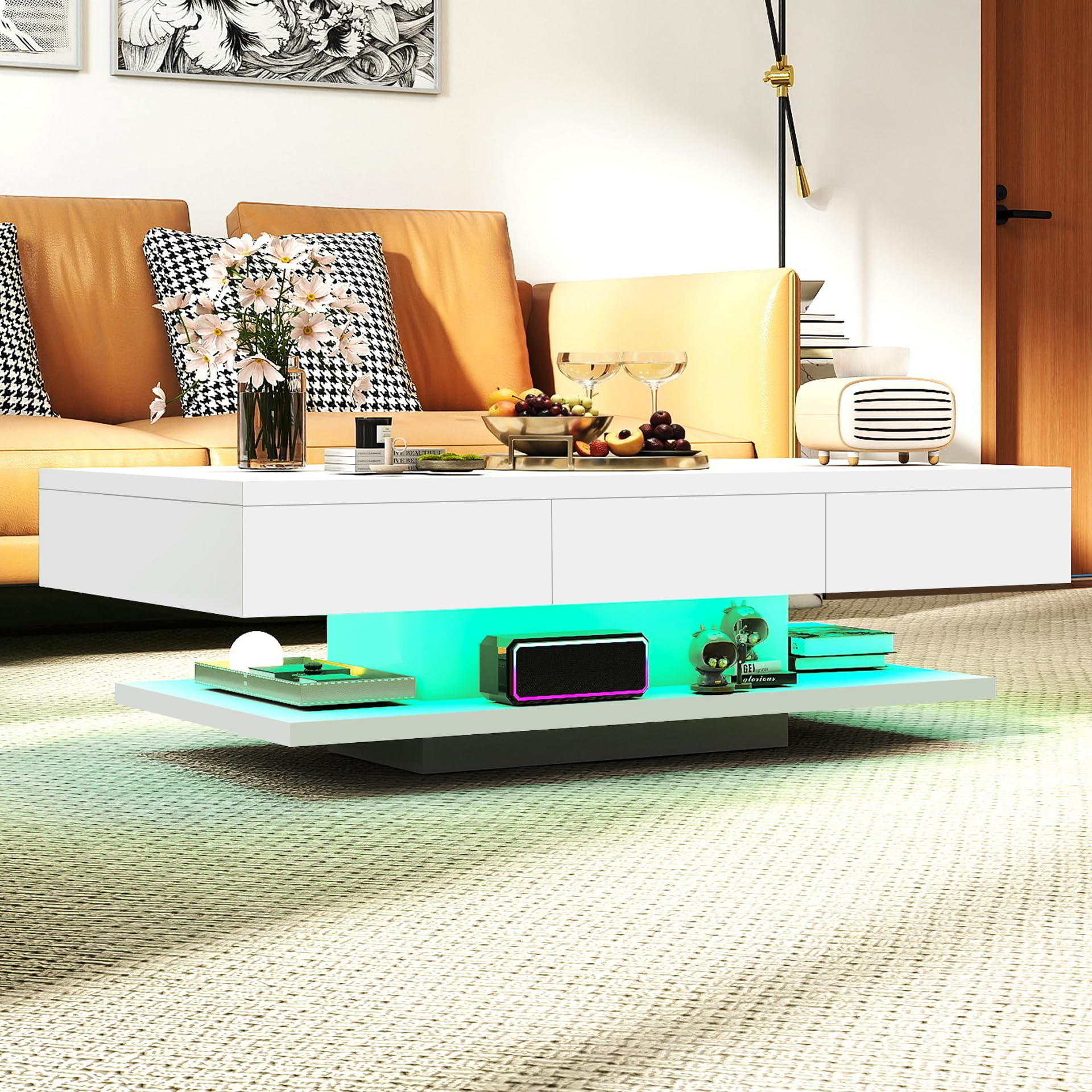 Couchtisch, Modern Sofatisch Wohnzimmertisch mit 2 Schublade, Wohnzimmertisch Hochglanz Modern, Beistelltisch Weiss mit Offenem Ausstellungsregal Weiß, 100 * 60 * 35cm(LED Nicht enthalten)