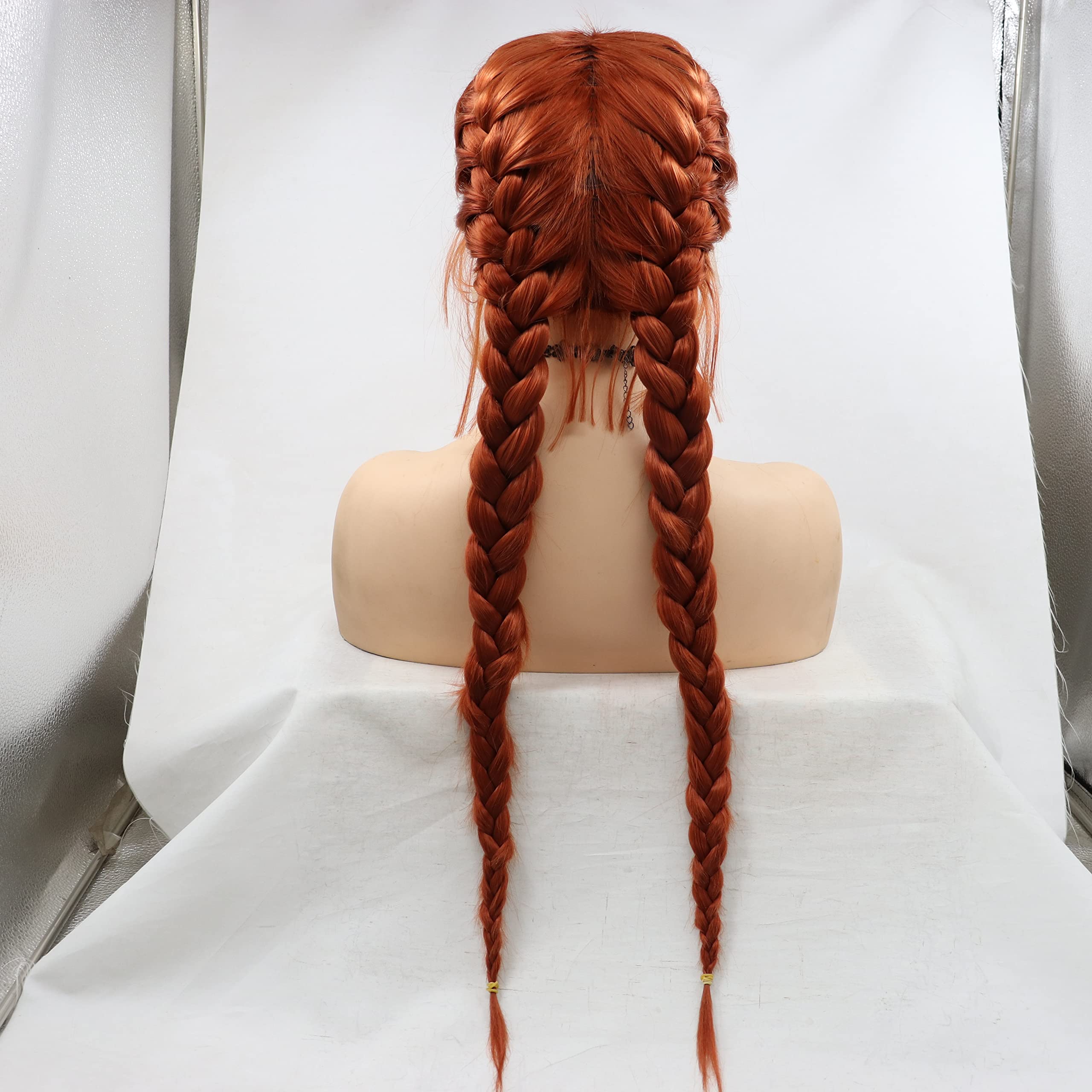 Xiweiya Copper Red Lace Wig with Double Braids Synthetic Lace Braided Wig with Baby Hair Heat Resistant Fiber Middle Part for Women - Image 4