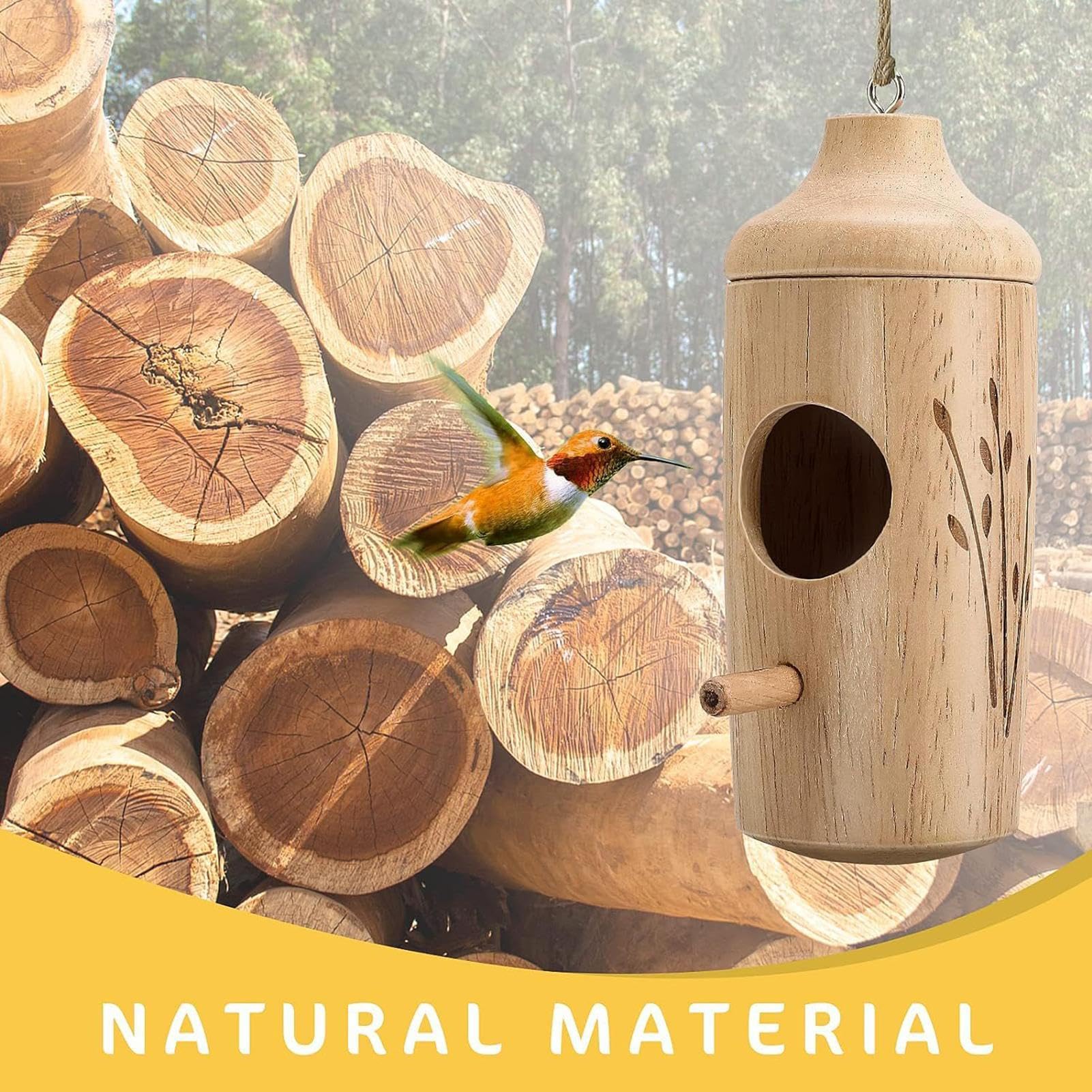 Abri en Bois pour colibris avec Corde, Maison pour Oiseaux en Plein air | Mangeoire compacte pour Oiseaux et boîte | Habitat de Colibri de Jardin, décoration Naturelle pour la Cour arrière