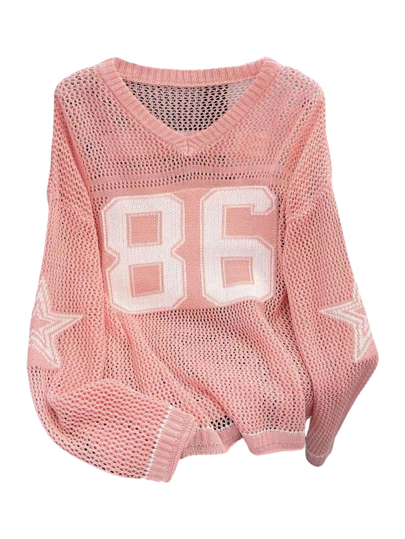 Floerns Womens Oversize Number Sweater Casual Hollow Out V Neck Street Pullover Top