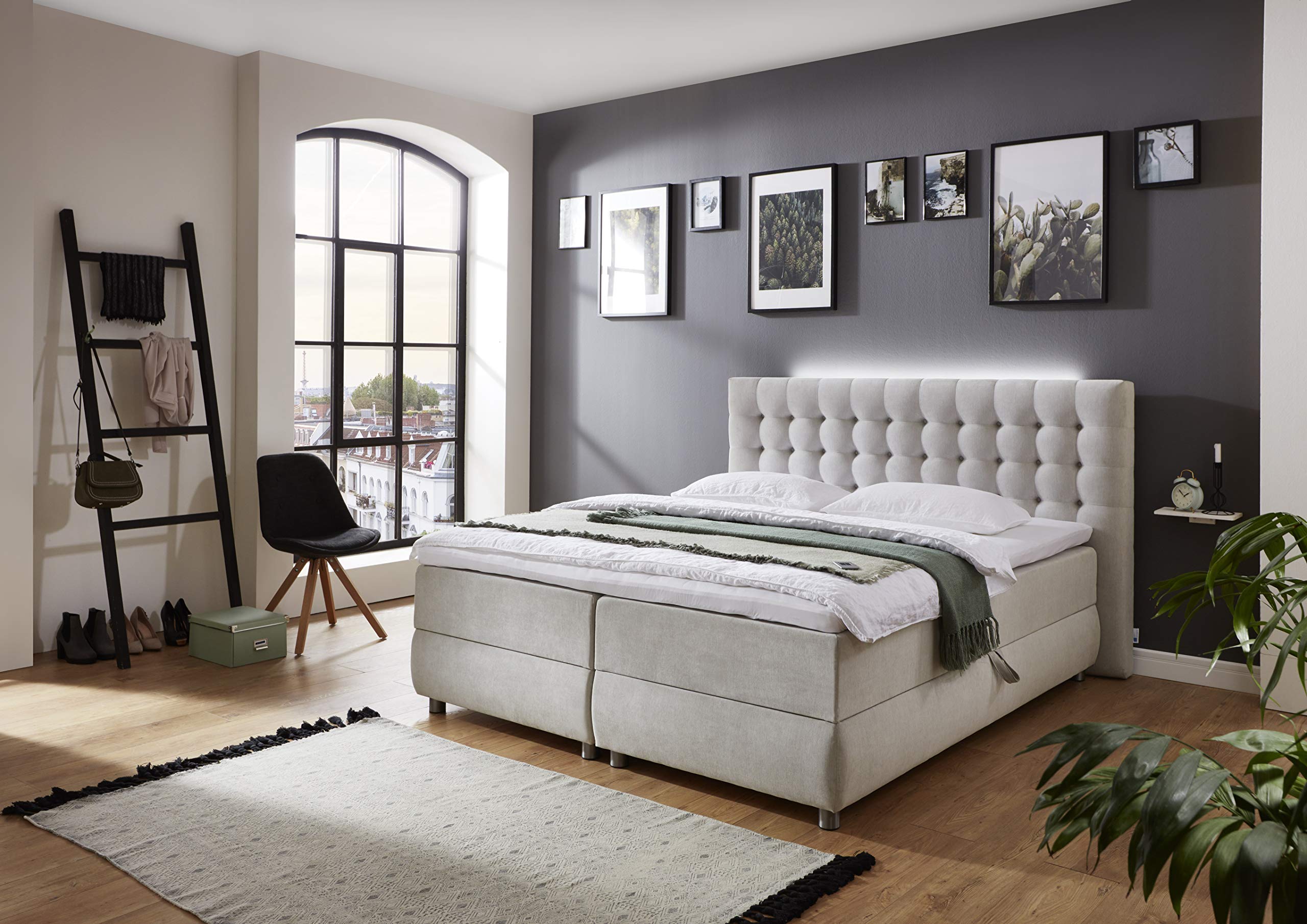 Atlantic Home Collection TINA - Letto con base a molle, topper incluso (rigidità H2) e cassettoni (2 pezzi), 160 x 200 cm, grigio chiaro