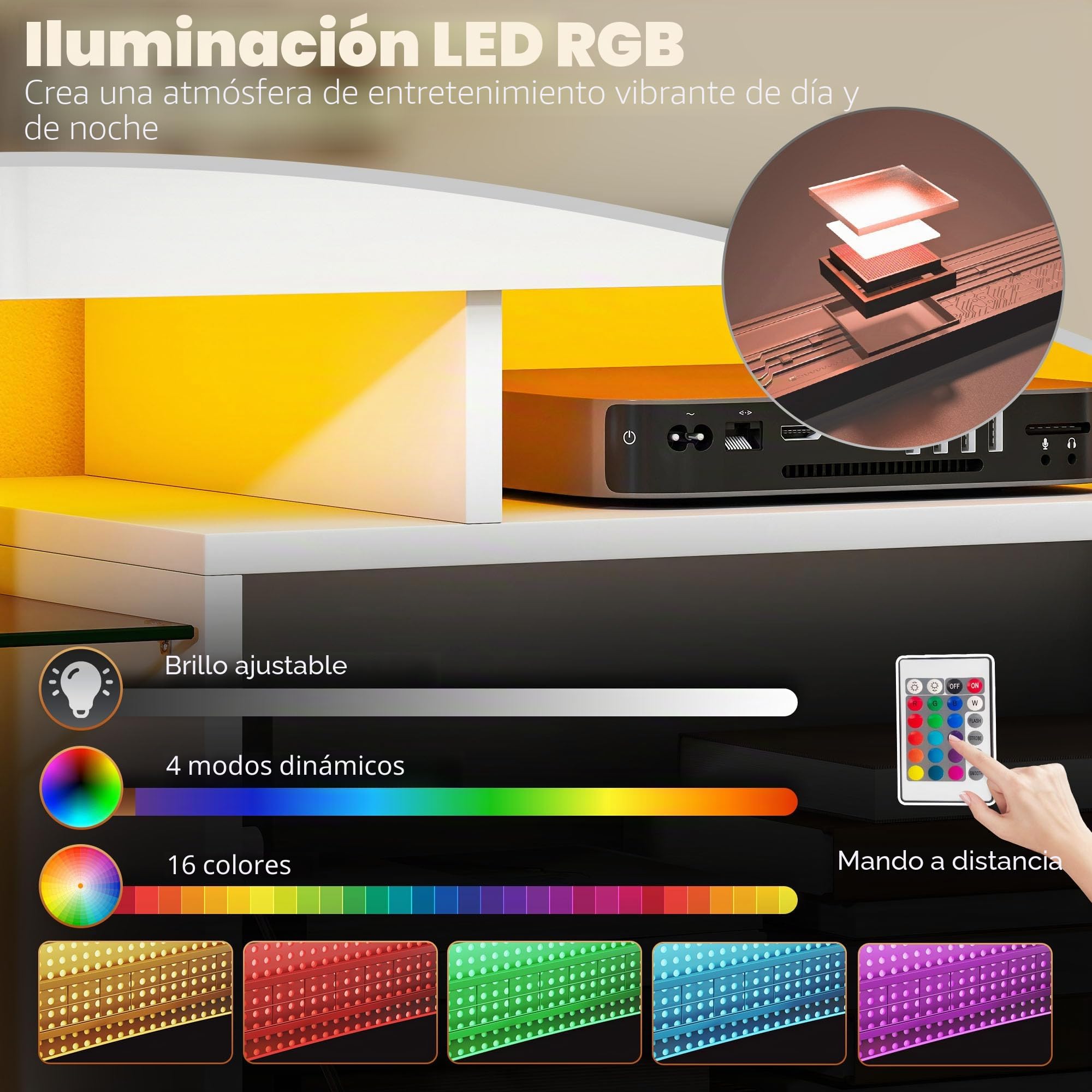 HOMCOM Mueble TV 120 cm con iluminación LED RGB, alto brillo, mueble de TV para hasta 43-50 pulgadas, estantes de cristal templado y armario abatible, banco de TV para sala de estar, dormitorio