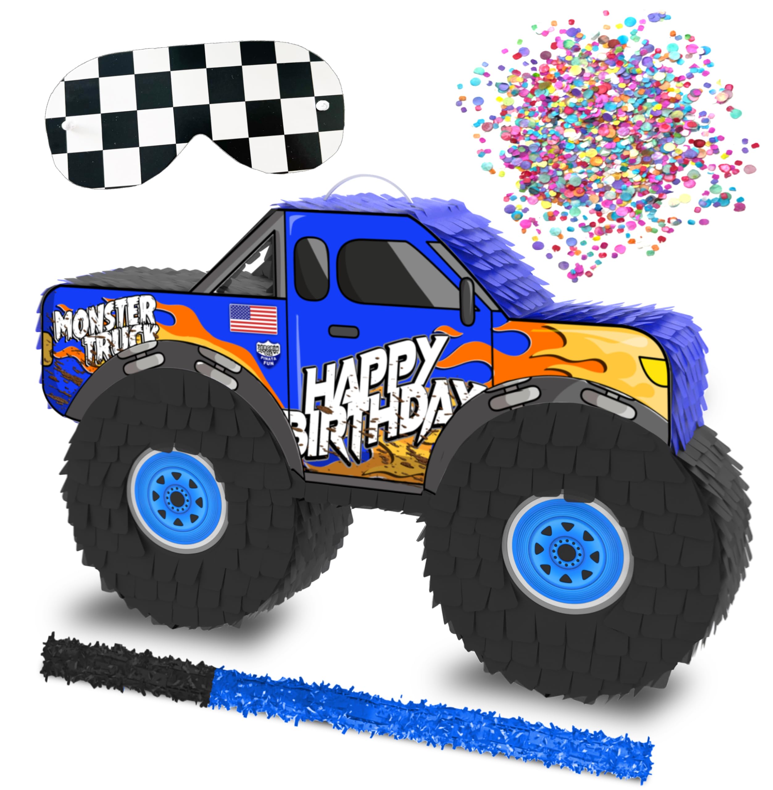 Jergrim Monster Truck Piñata, Small 4 Piece Set, perfect for Kids Birthday Parties, Race Car Party Supplies fits piñata candy and party favors (16”X10