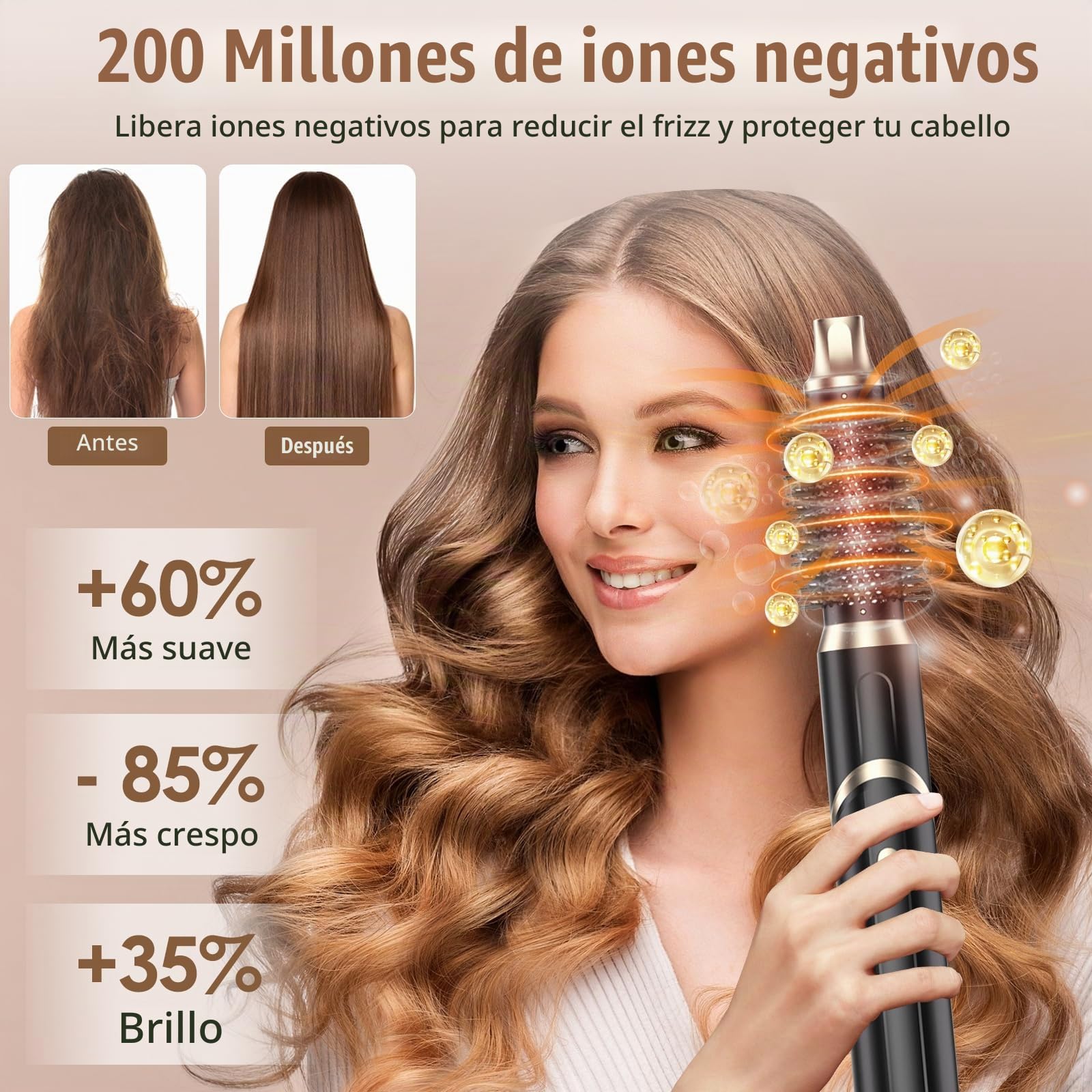 Cepillo de Aire 1000W, Cepillo Secador de Pelo, Secador de Pelo Iones Negativo, Cepillo Alisador, 2 Rizador, Voluminizador, Moldeador de Pelo con 3 Temperaturas, para Seca Alisa Volumen