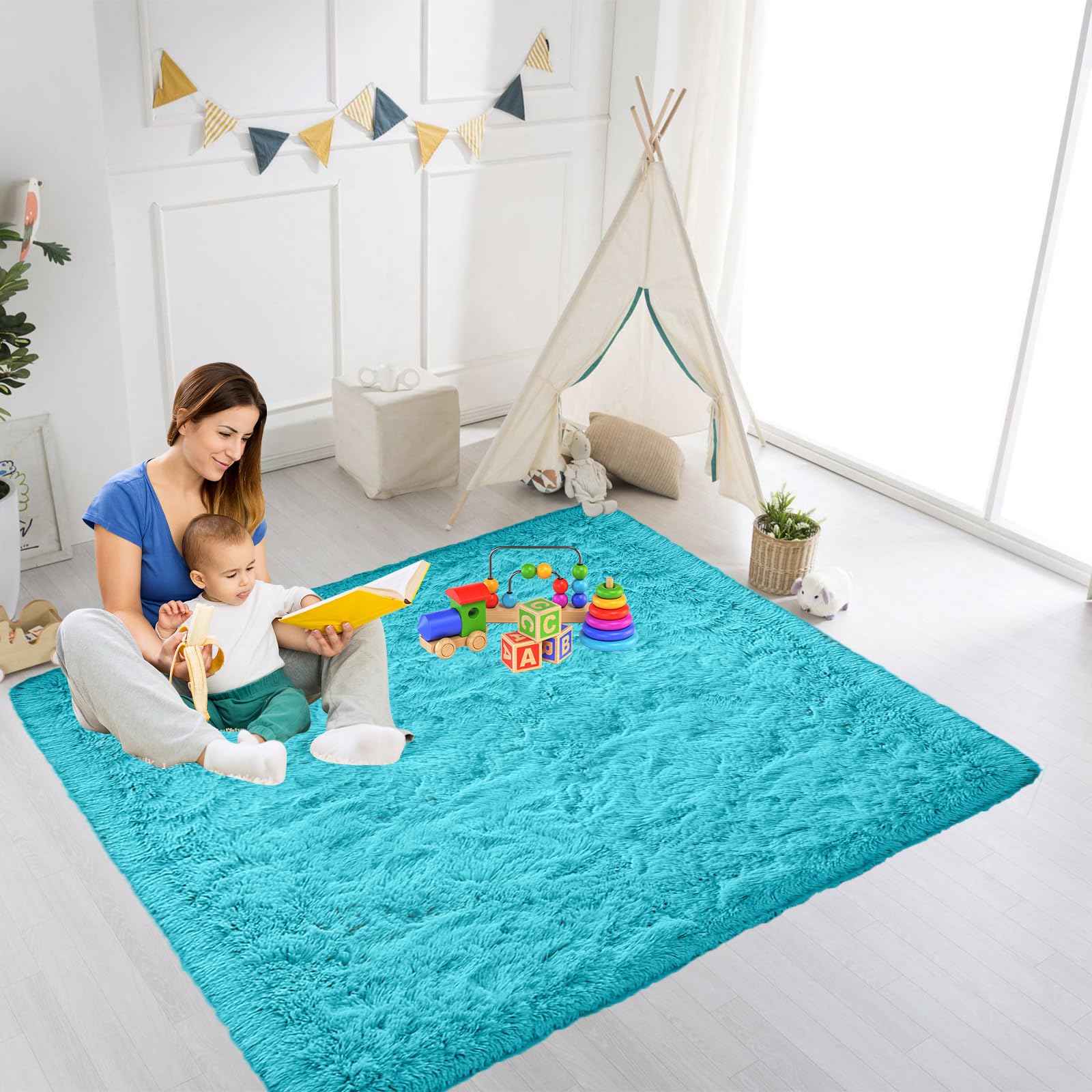 Tapis de salon lavable bleu 220 x 230 cm tapis chambre shaggy