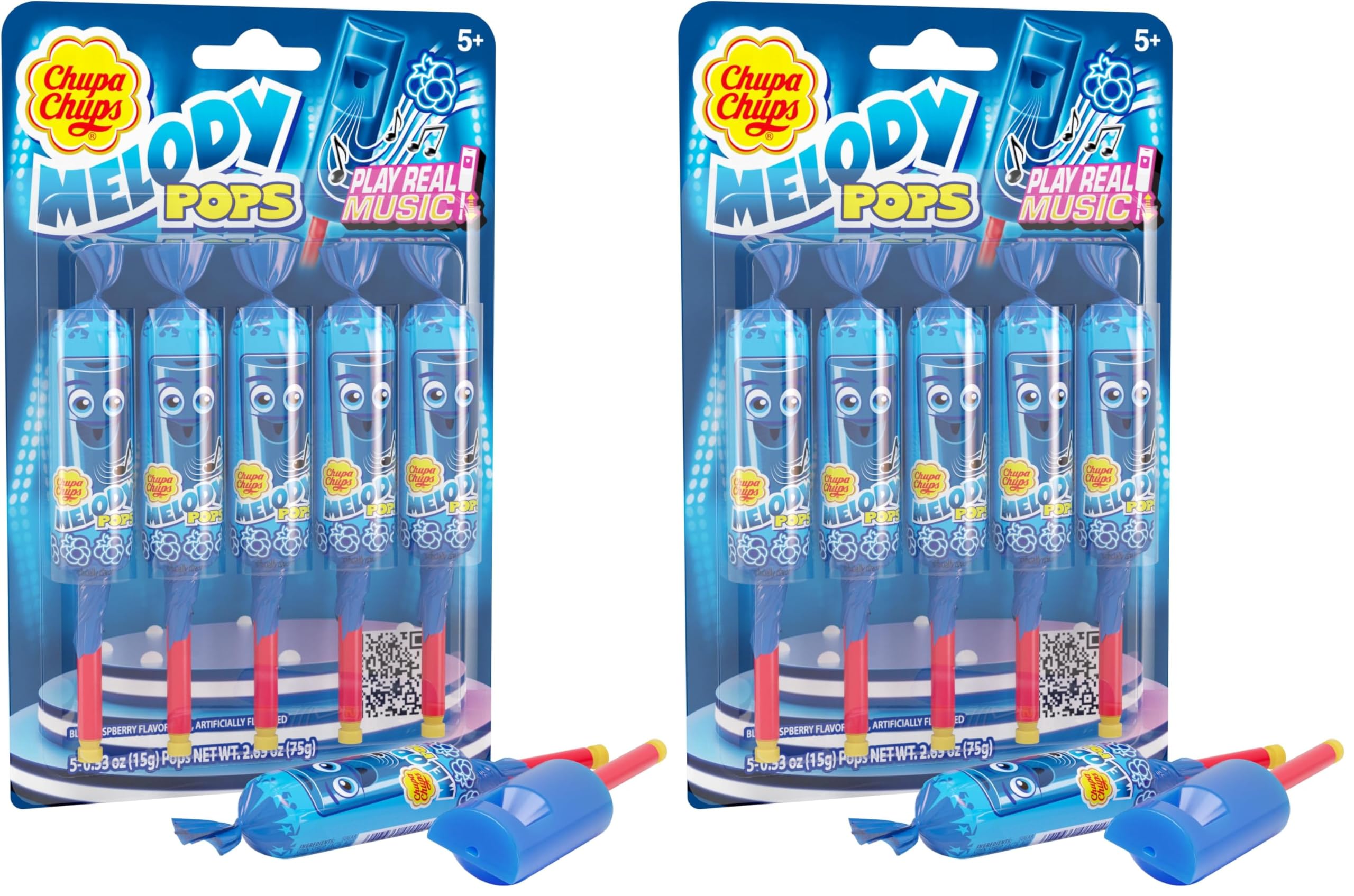 Chupa Chups Melody Pop, Blue Raspberry Flavor, Whistle Lollipops, Individually Wrapped Candy Suckers, 5 Count Pack (Pack of 2)
