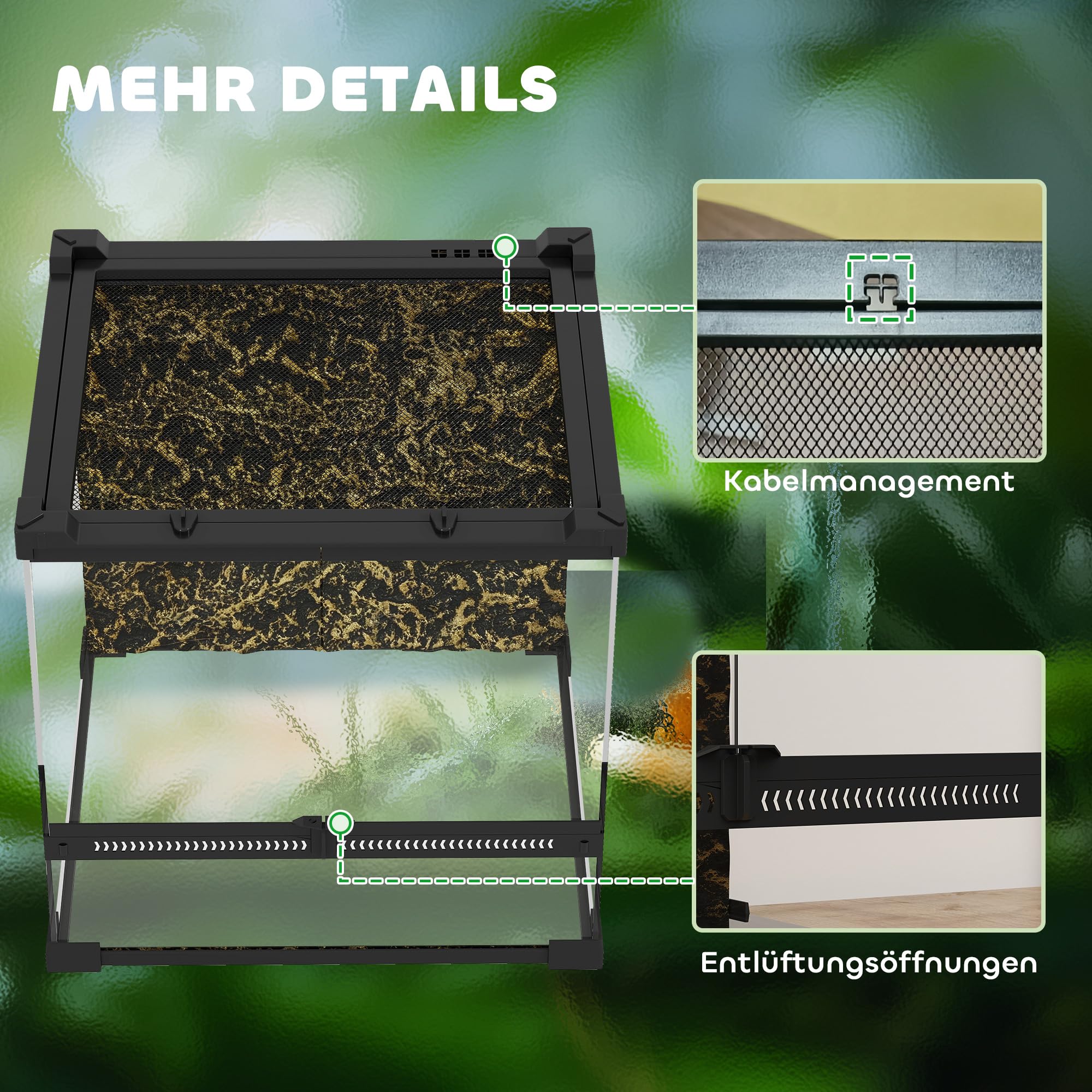 PawHut Terrario para reptiles, terrario de cristal, 24 l, caja de alimentación con ventilación frontal, pared trasera de piedra, cierre a prueba de roturas, caja de cultivo de reptiles para anfibios