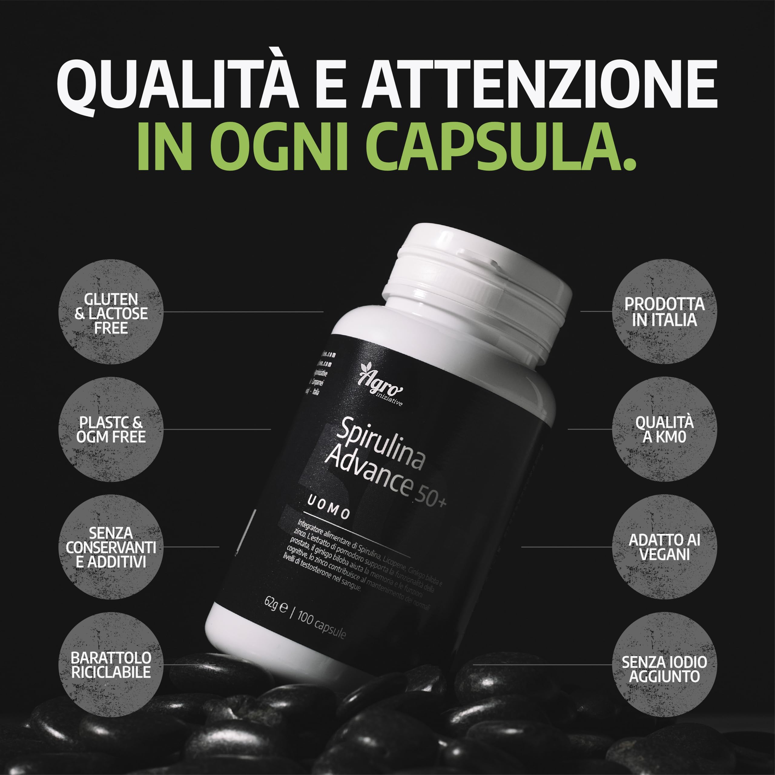AGROINIZIATIVE Spirulina Advance Uomo 50+ Integratore Alimentare con Spirulina Bio, Acetil L Carnitina, Astaxantina, L-Arginina, Ginkgo Biloba, Zinco e Licopene, Prodotto in Italia, 100 Capsule