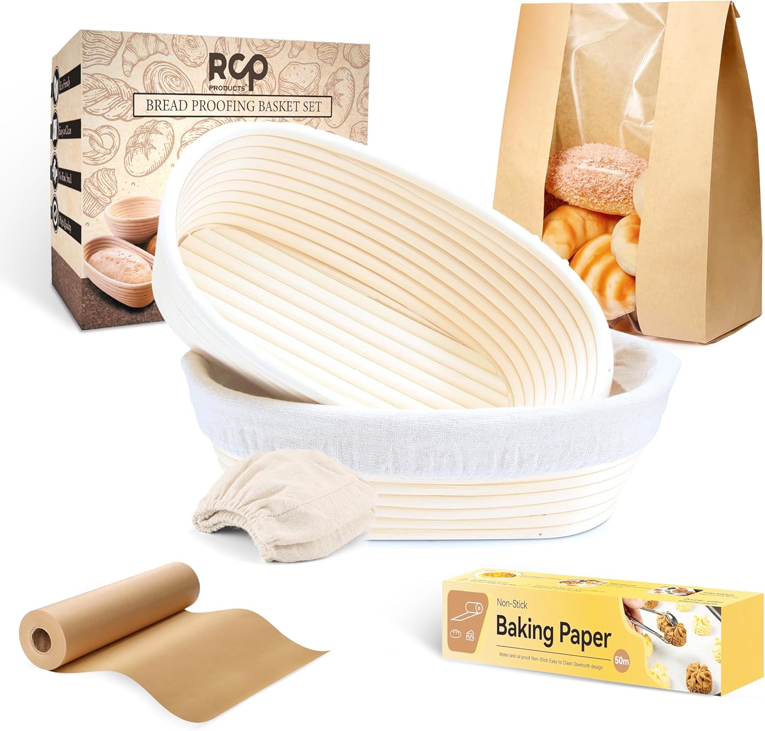 RCP Banneton Bread Proofing Basket Set of 2-10 Inch Oval with 2 Accessories, Sourdough Starter Kit, Sourdough Proofing Basket with Parchment Paper &Bread Bags, Bread Making Supplies Tools Gift Set