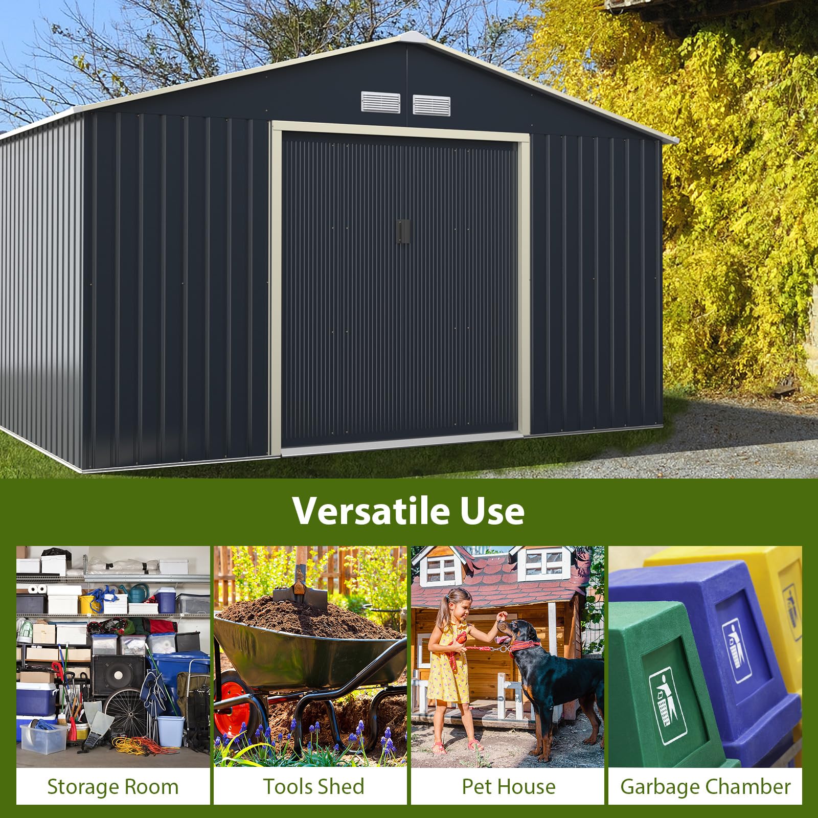 HOMASIS Gerätehaus Metall, Geräteschuppen mit Satteldach & 4 Lüftungsfenster & 2 Schiebetür, Gartenhaus Gartenschuppen Gartenhütte Metallschuppen Metallhaus Outdoor Wetterfest, Grau (340x255x210cm)