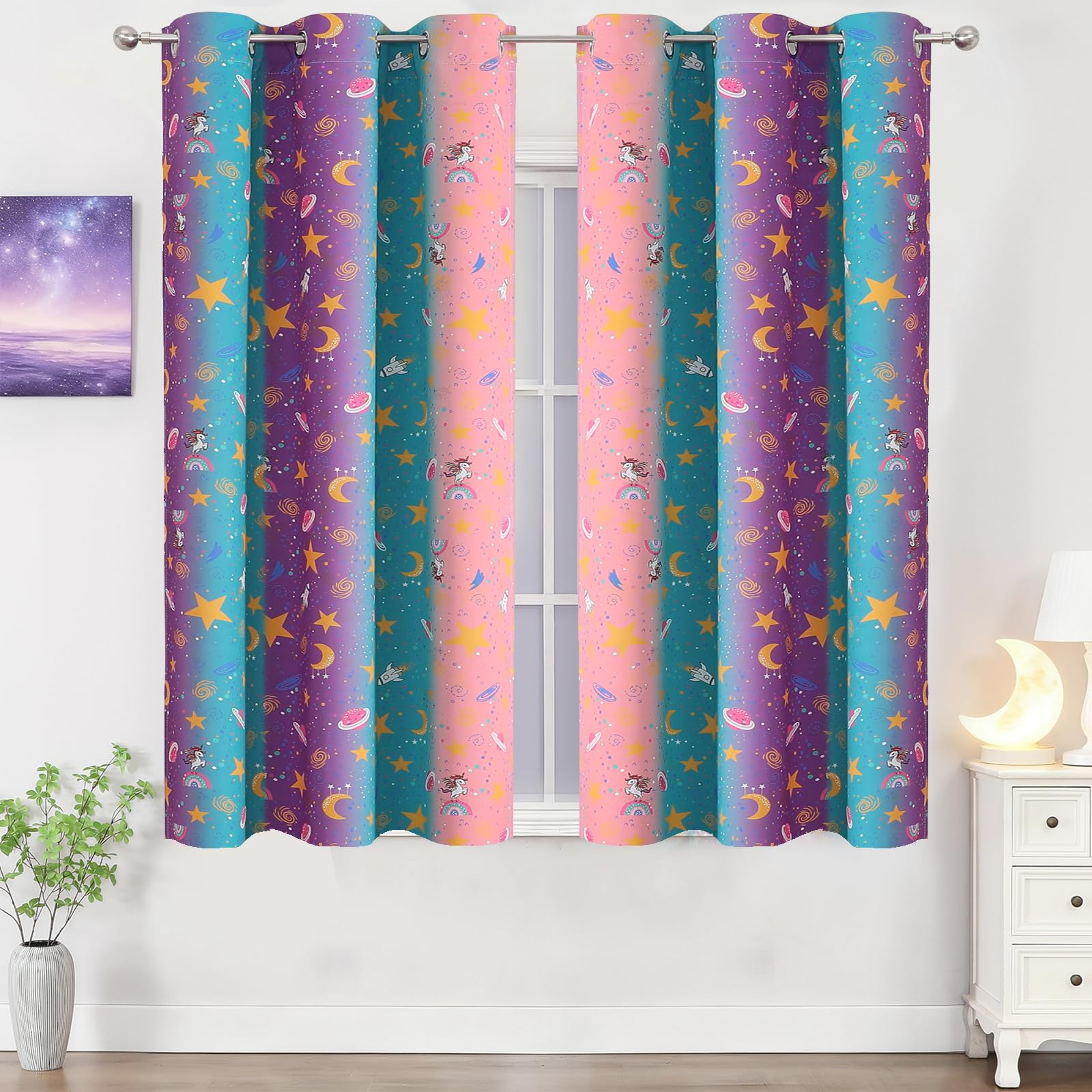Pink Purple Teal Unicorn Blackout Curtains 45 Inch Length for Kids Bedroom