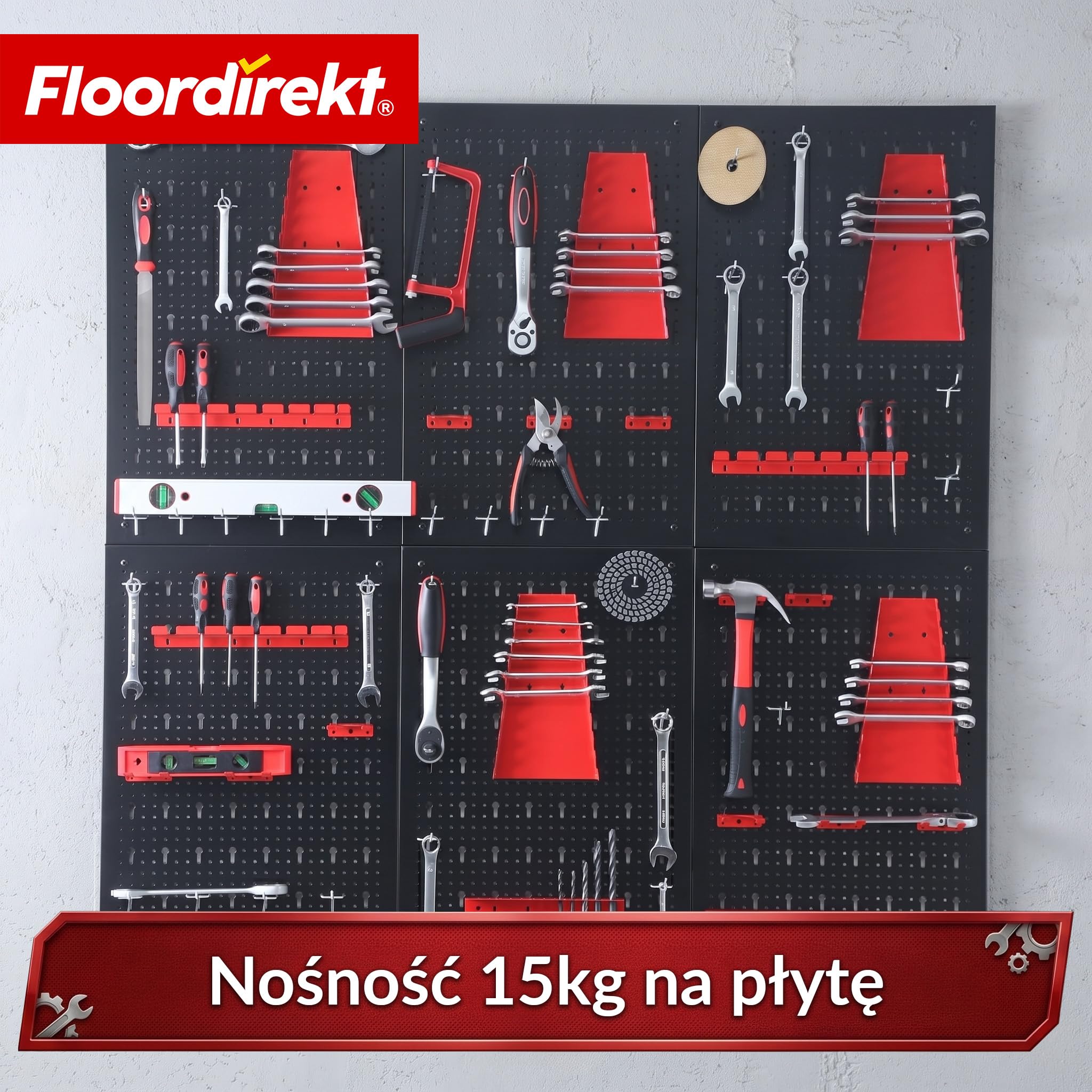 Floordirekt Narzędzie ściana perforowana z metalu 240 x 60 cm, płyta perforowana – zestaw 6 płyt, do stołu warsztatowego, garażu, wyposażenia warsztatowego