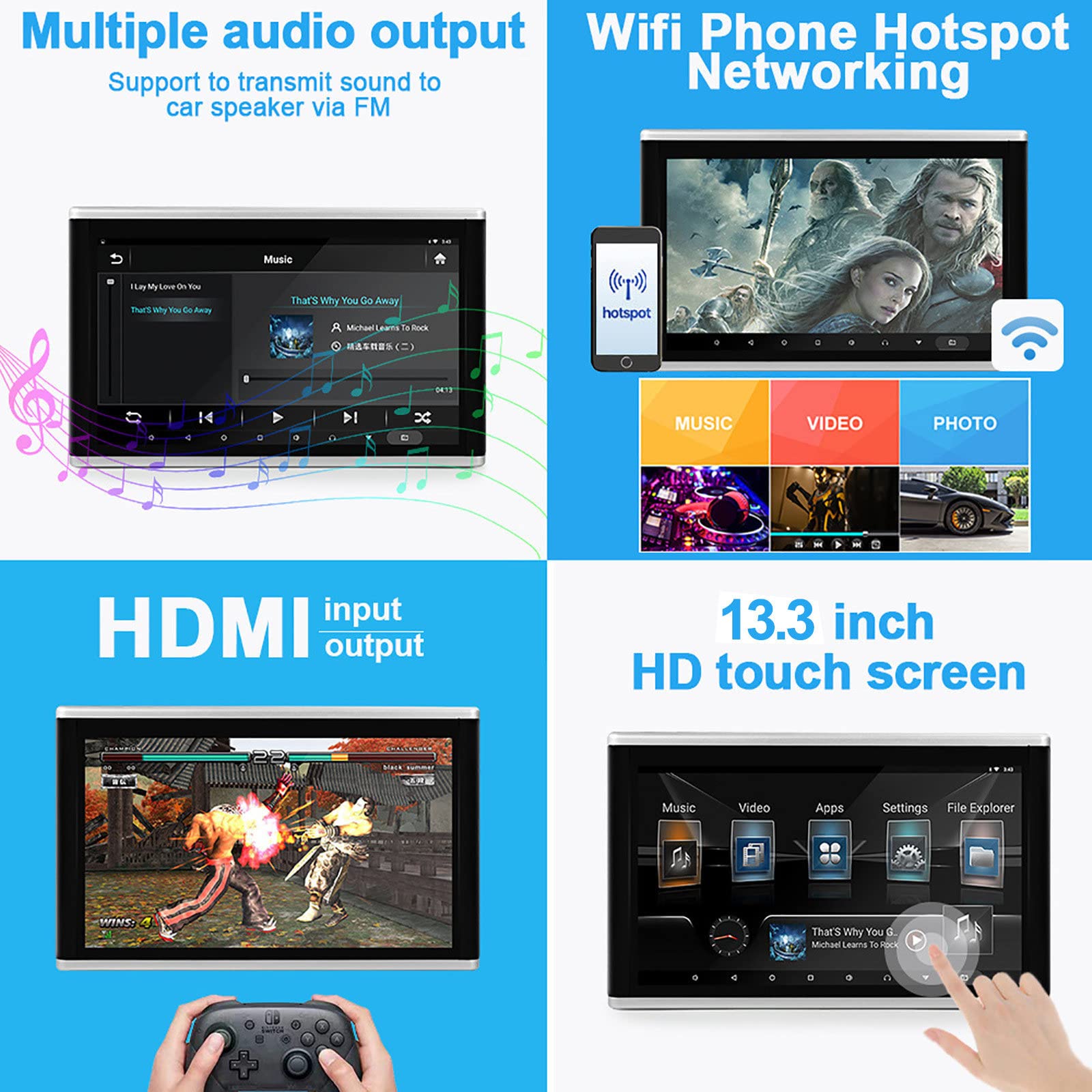 Monitor De Reposacabezas De TV para Coche, Pantalla TáCtil De 13,3 Pulgadas, Reproductor De VíDeo De PelíCula De Tableta, Android 9,0 4K 1080P WiFi Bluetooth USB Hdmi Airplay,Black-32G