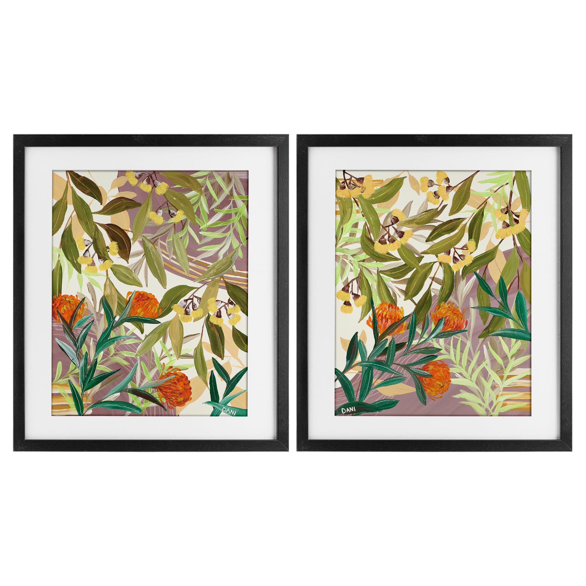 Stupell Industries Tropical Botanical Floral Painting 'Walk With Me Botanicals', 2Pc Framed Print Under Glass Set, Black, 17 X 21 Inches, Easy To Hang And Sturdy, Made In Usa, By Dani Heyward
