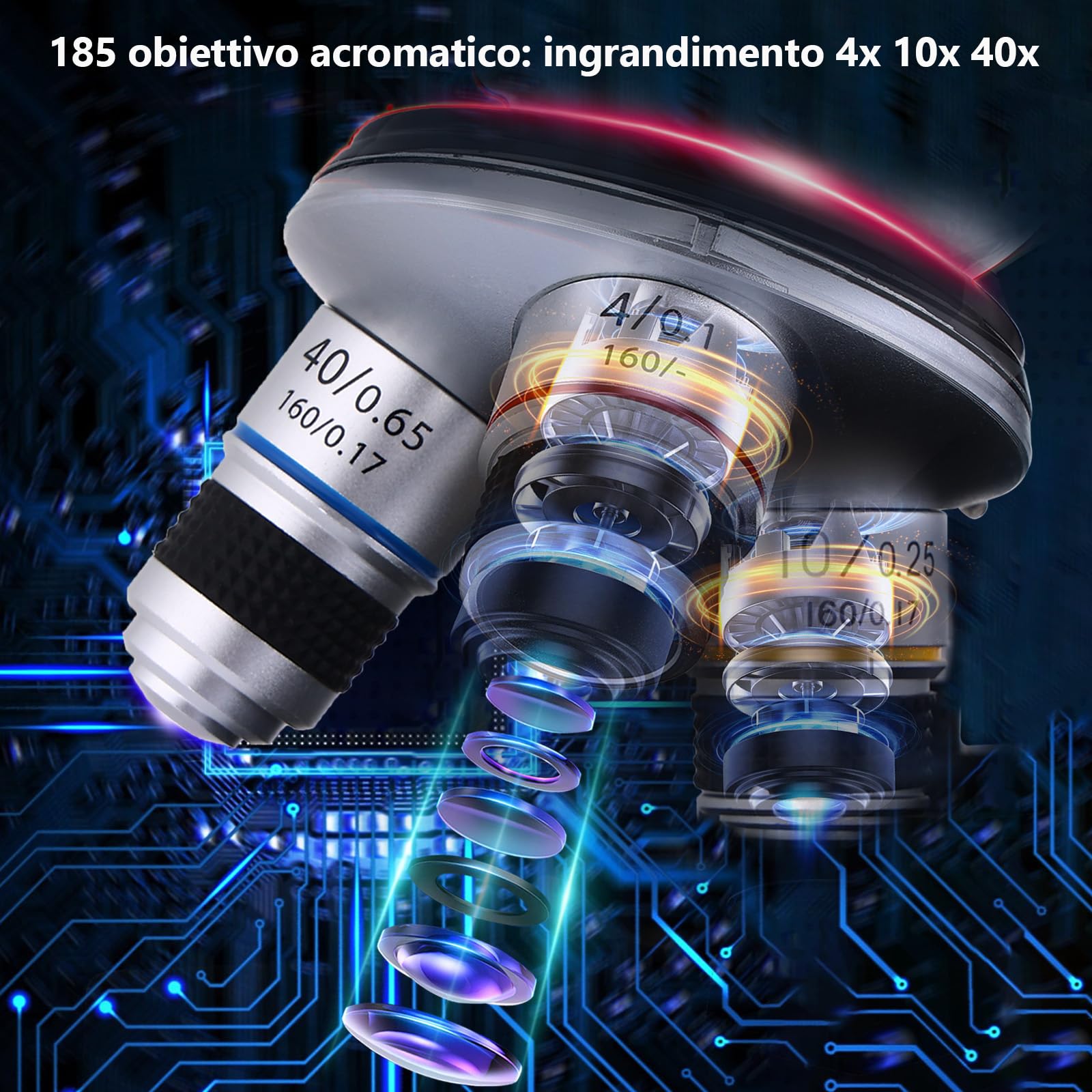 Microscopio ottico 40X-1000X Microscopio a doppio LED con illuminazione, fase di caricamento meccanico per laboratori, scuole, homeschooling, microscopio di avviamento per bambini adulti