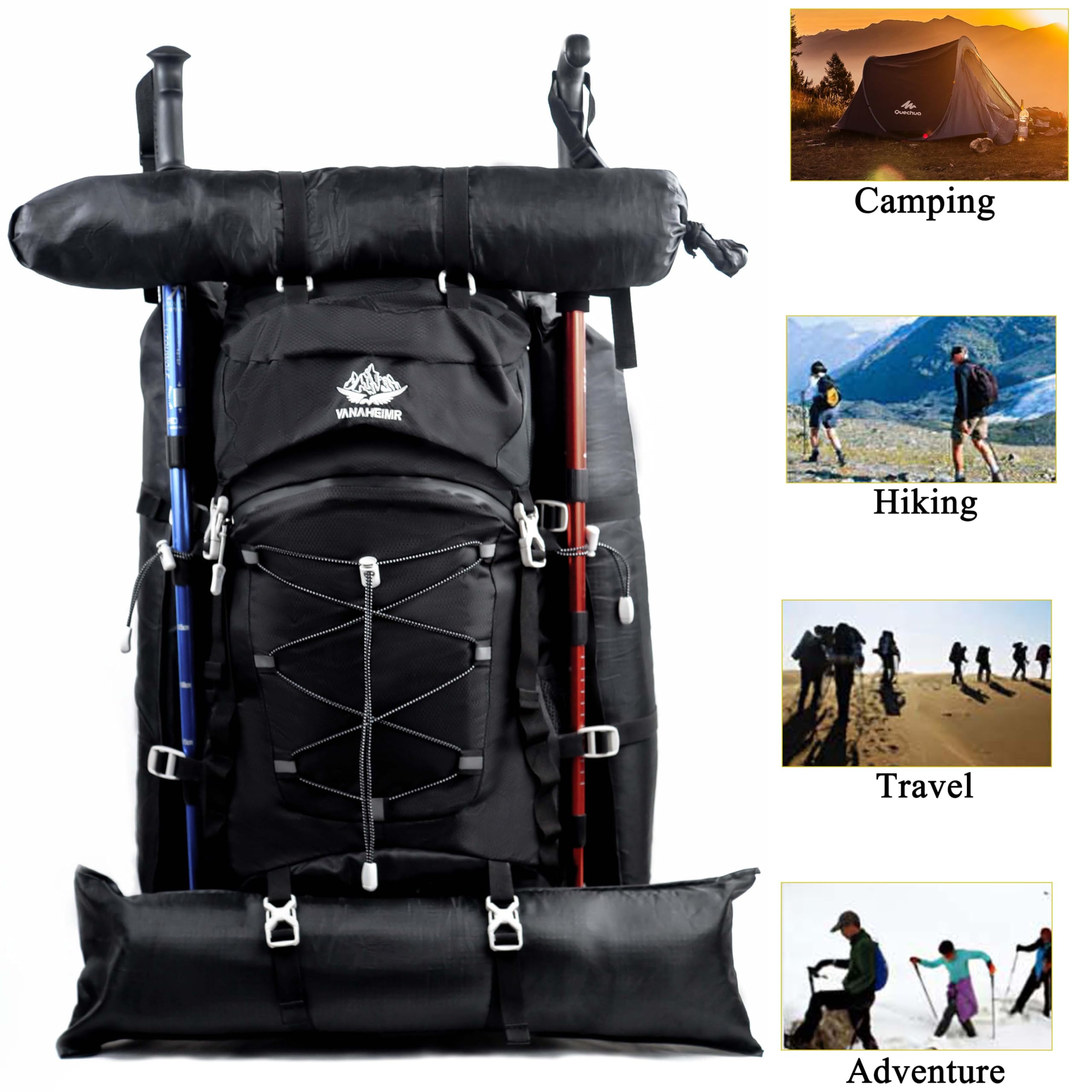 60L Reise-Wander-Camping-Rucksack mit Regenschutz, Rucksack wasserabweisend, Kletterrucksack for Männer Frauen(Black)