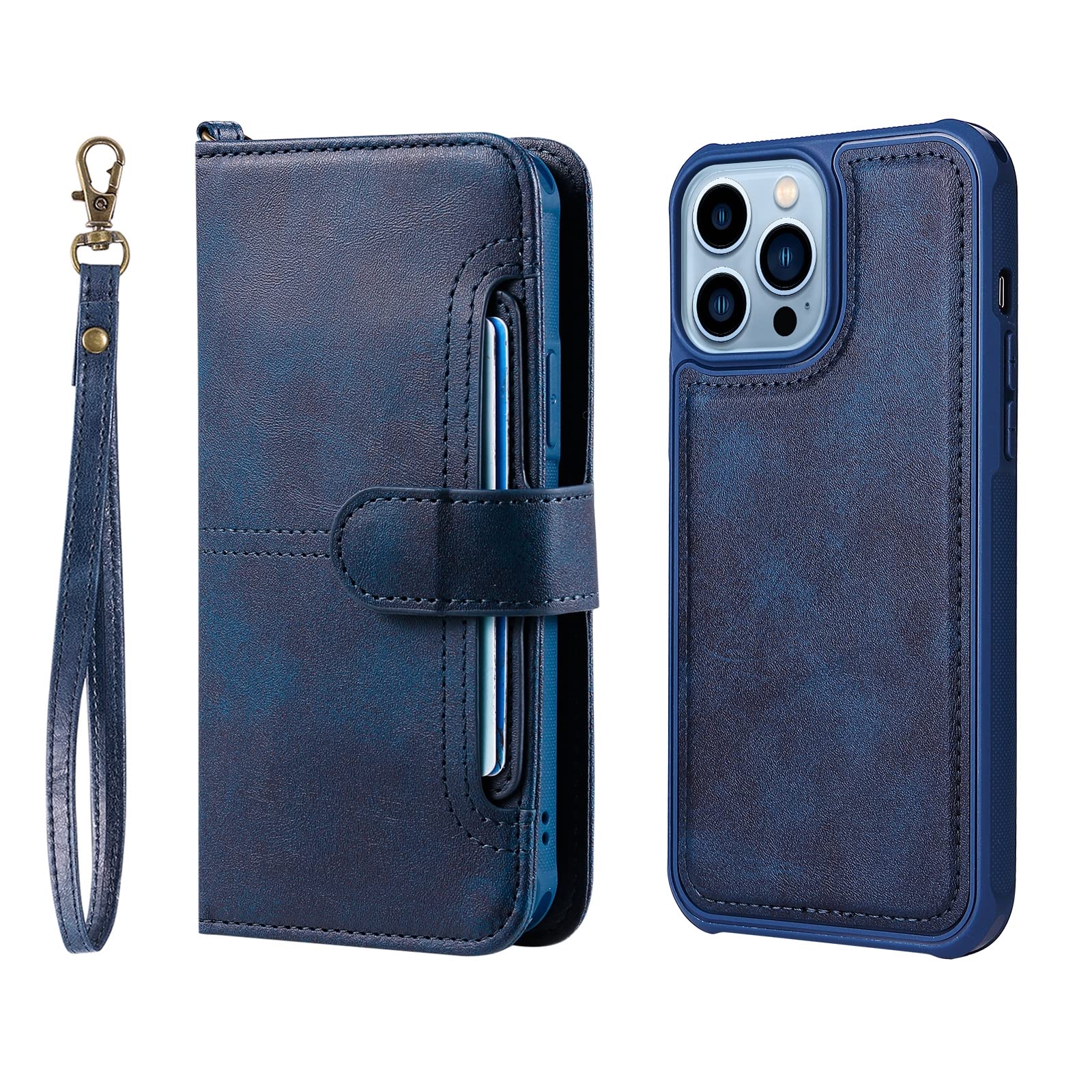 Cover per iPhone 13 PRO Max/13 Pro/13/13 Mini, Custodia Protettiva Staccabile, Custodia in Pelle per Portafoglio o Cover Posteriore Sottile,Blu,13 6.1''