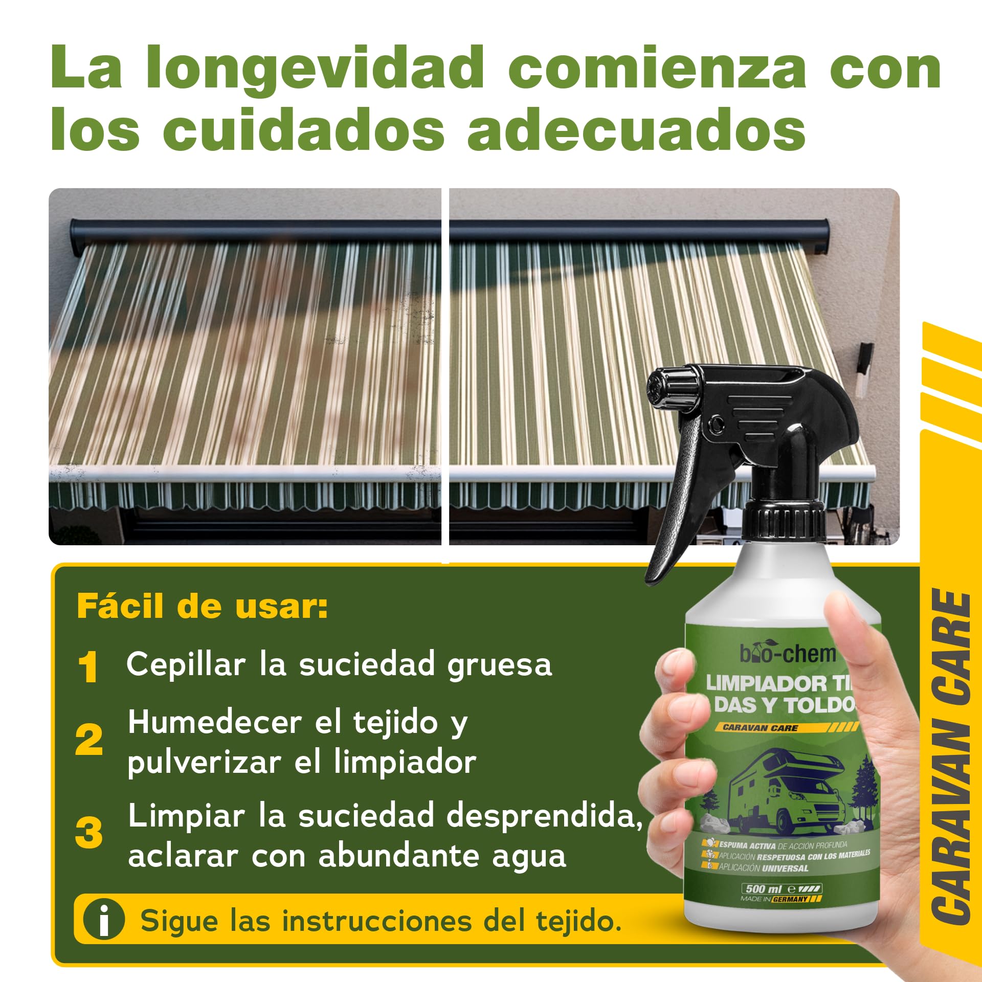 Bio-Chem - Limpiador para toldos, capotas y techos de Tiendas - Producto para el Lavado de toldos, caravanas, techos de Coches - Producto Textil Respetuoso con el Medio Ambiente